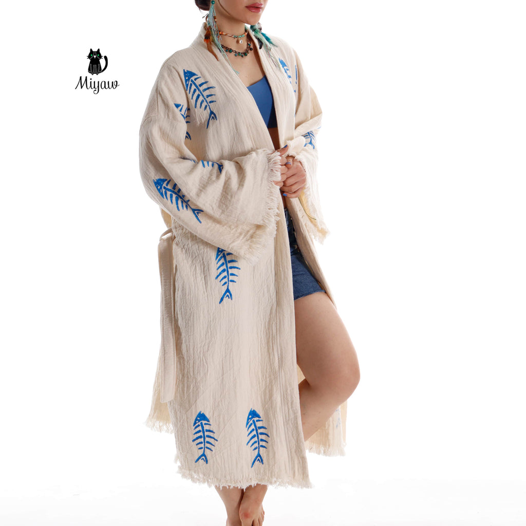 Handmade Boho Fishbone Stamped Robe in Organic Cotton - Miyawfashion