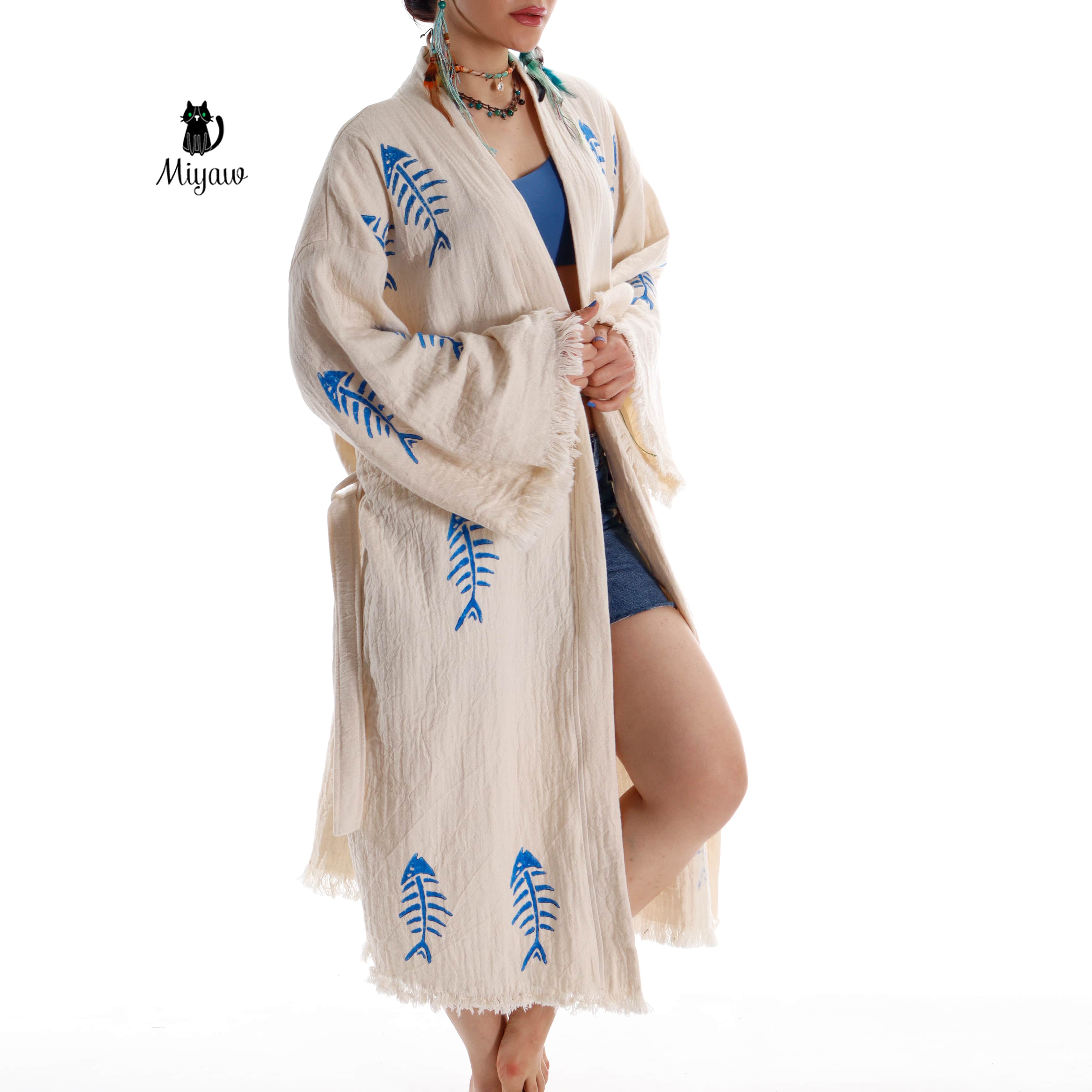 Handmade Boho Fishbone Stamped Robe in Organic Cotton - Miyawfashion