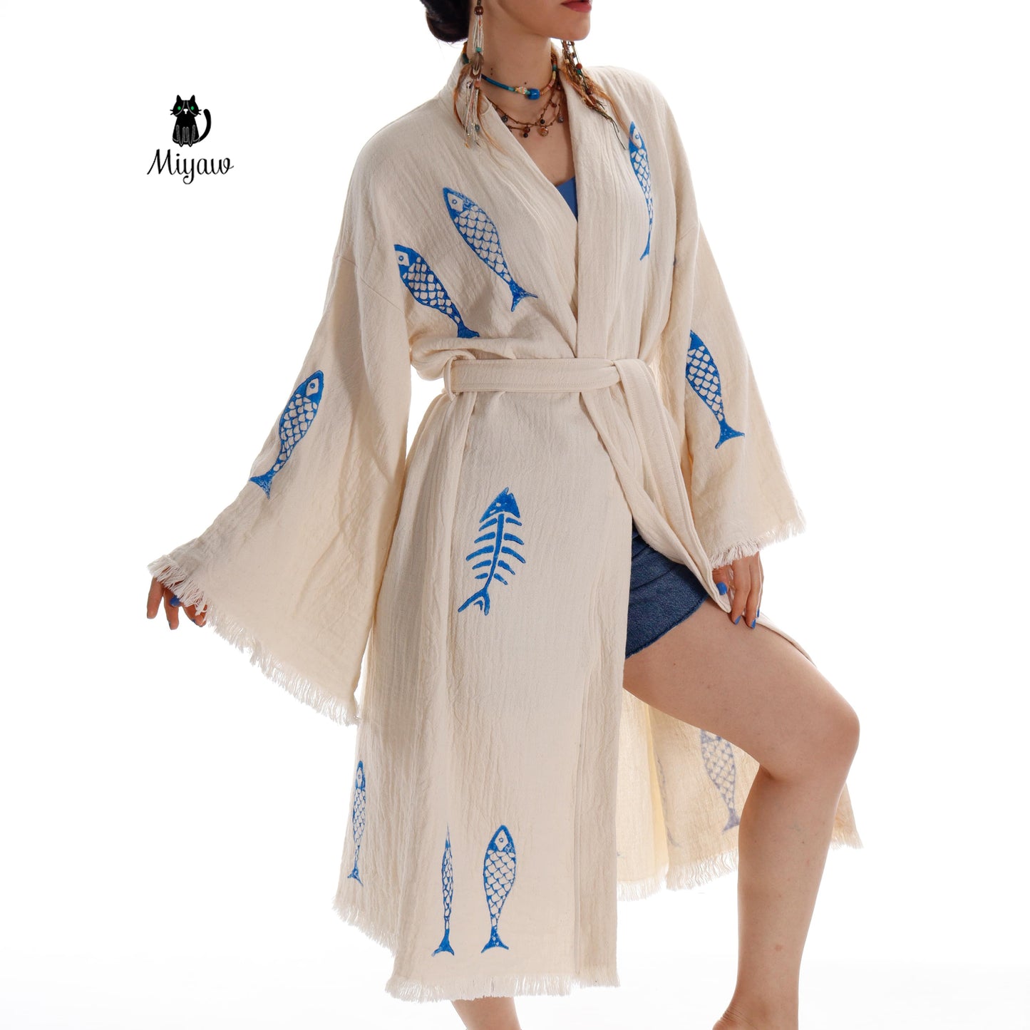 Ocean-Inspired Boho Kimono Cover-Up in Blue Fish Stamp - Miyawfashion Miyawfashion