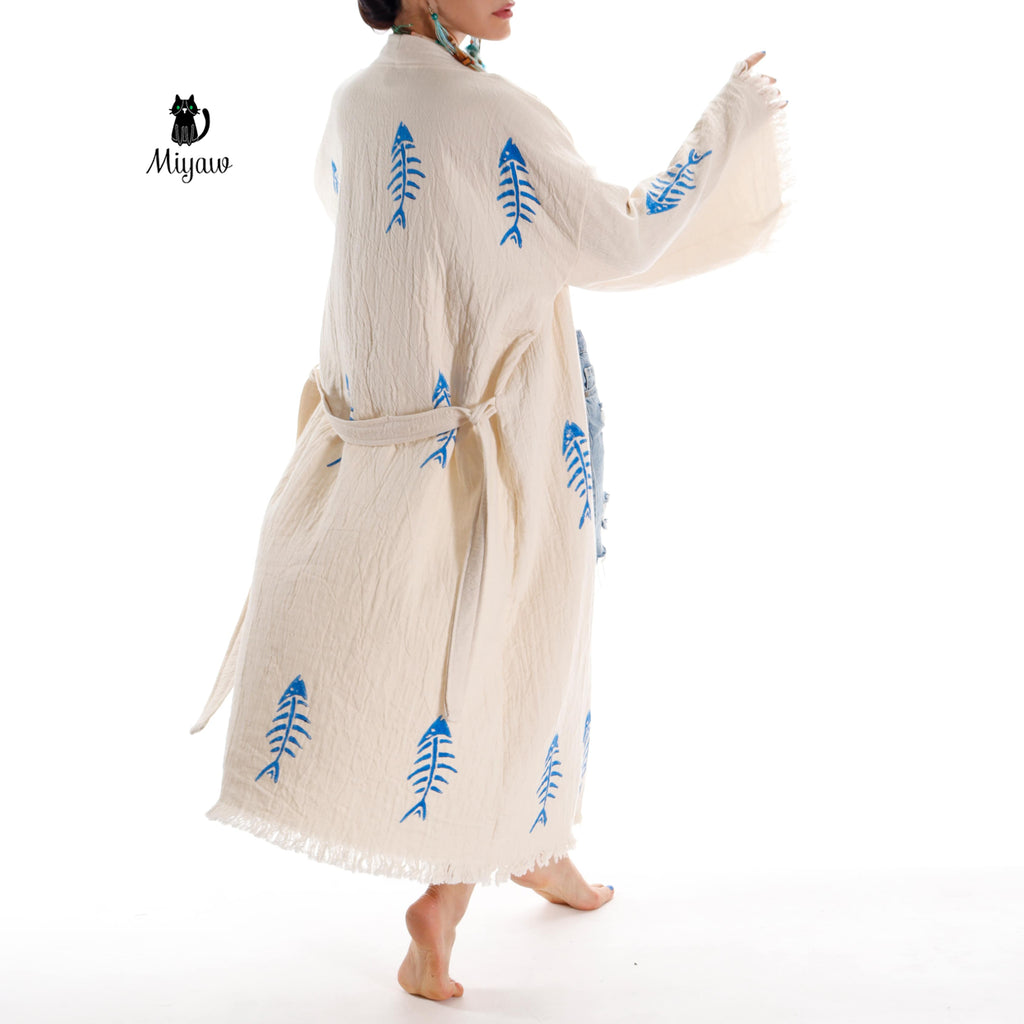 Handmade Boho Fishbone Stamped Robe in Organic Cotton - Miyawfashion