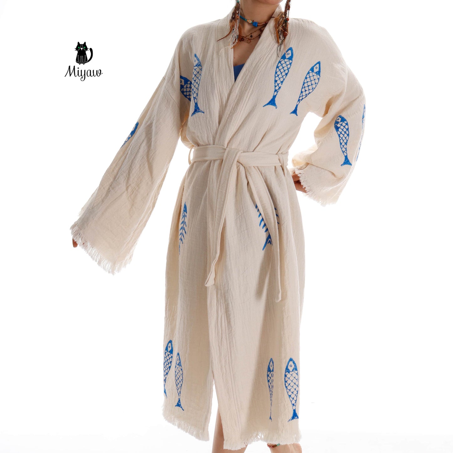 Ocean-Inspired Boho Kimono Cover-Up in Blue Fish Stamp - Miyawfashion Miyawfashion