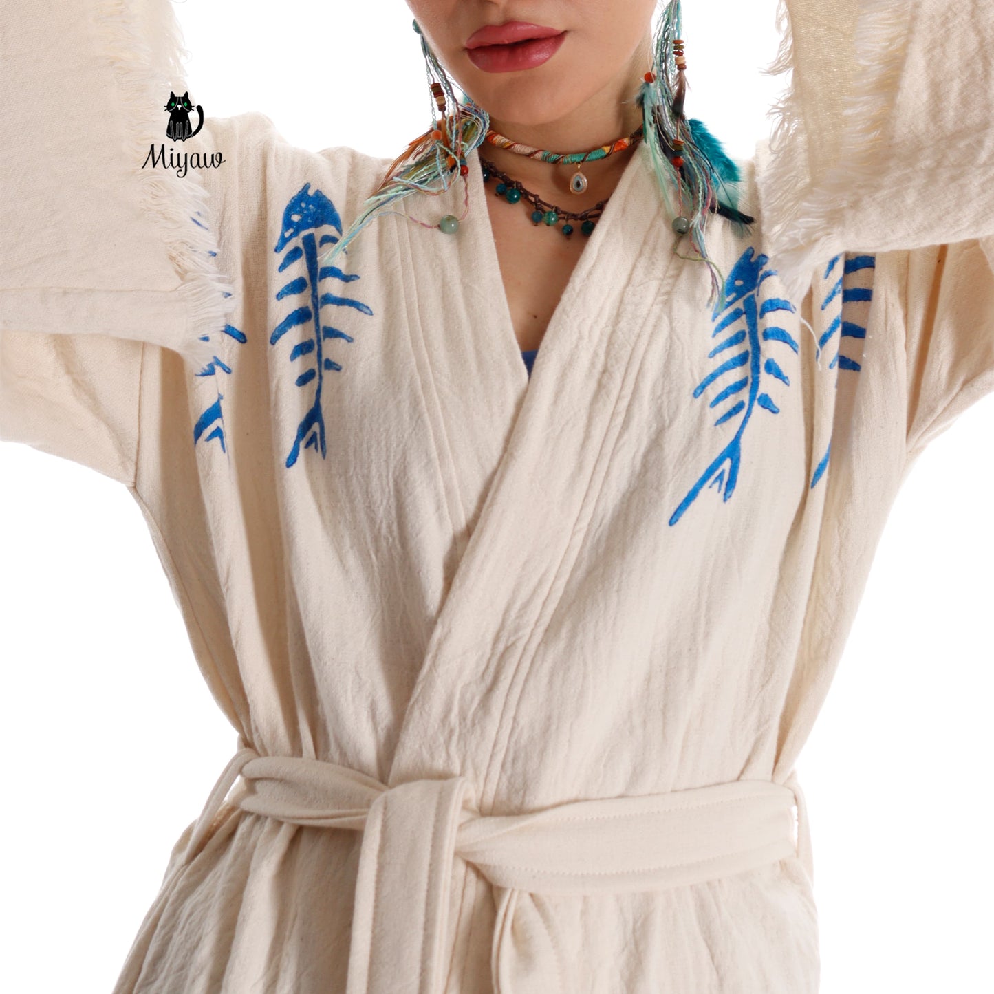 Handmade Boho Fishbone Stamped Robe in Organic Cotton - Miyawfashion Miyawfashion