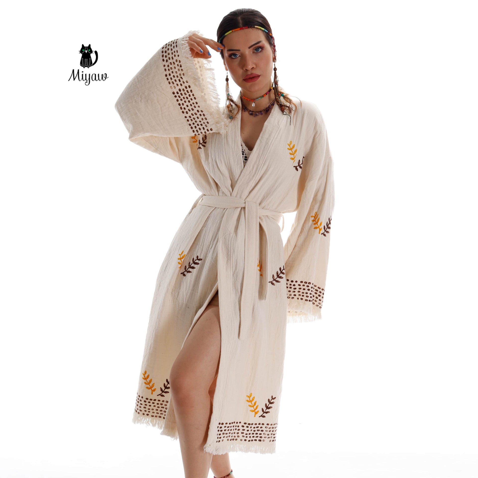 Coffee and Mustard Boho Kimono Robe with Leaf Print - Miyawfashion