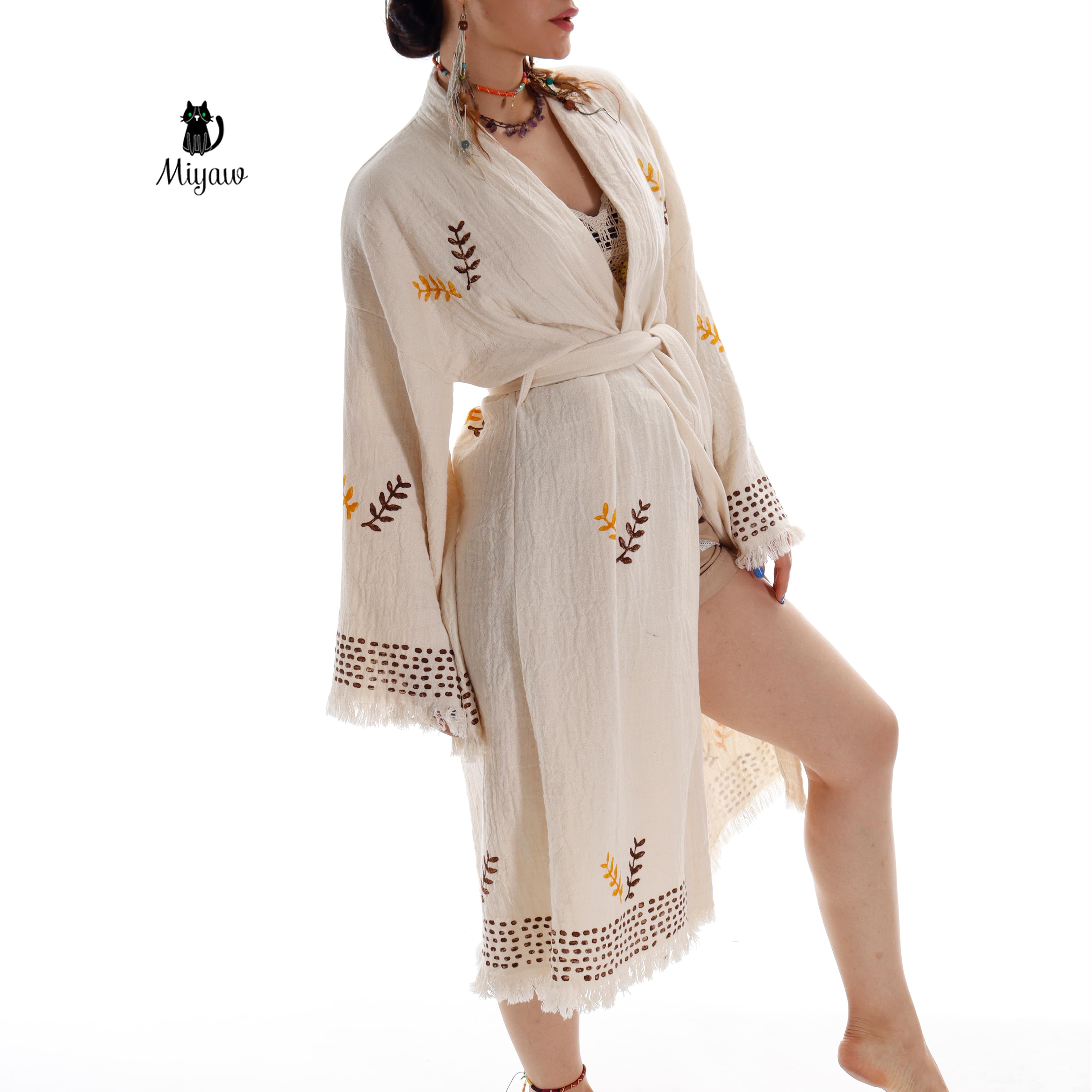 Coffee and Mustard Boho Kimono Robe with Leaf Print - Miyawfashion