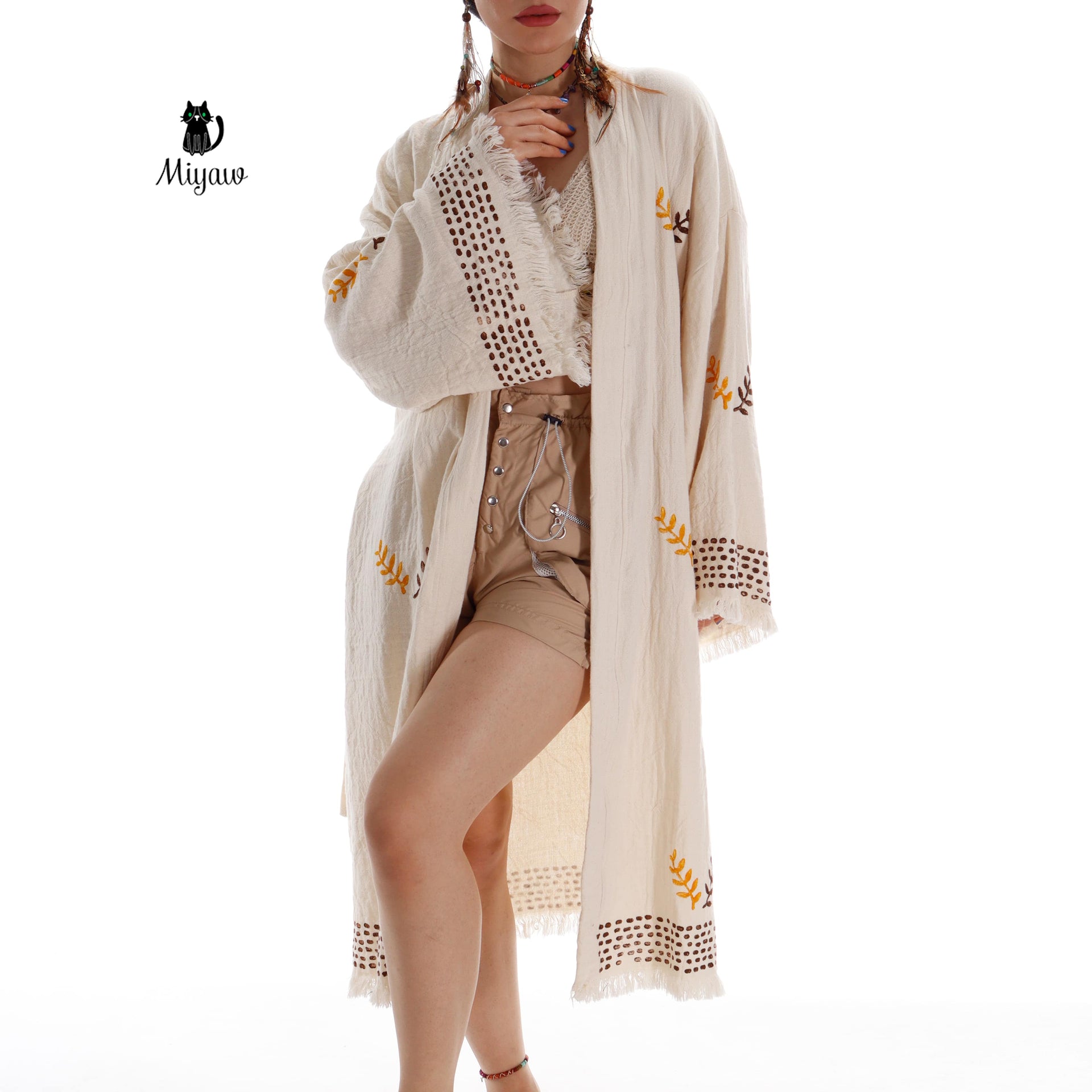 Coffee and Mustard Boho Kimono Robe with Leaf Print - Miyawfashion