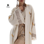 Coffee and Mustard Boho Kimono Robe with Leaf Print - Miyawfashion