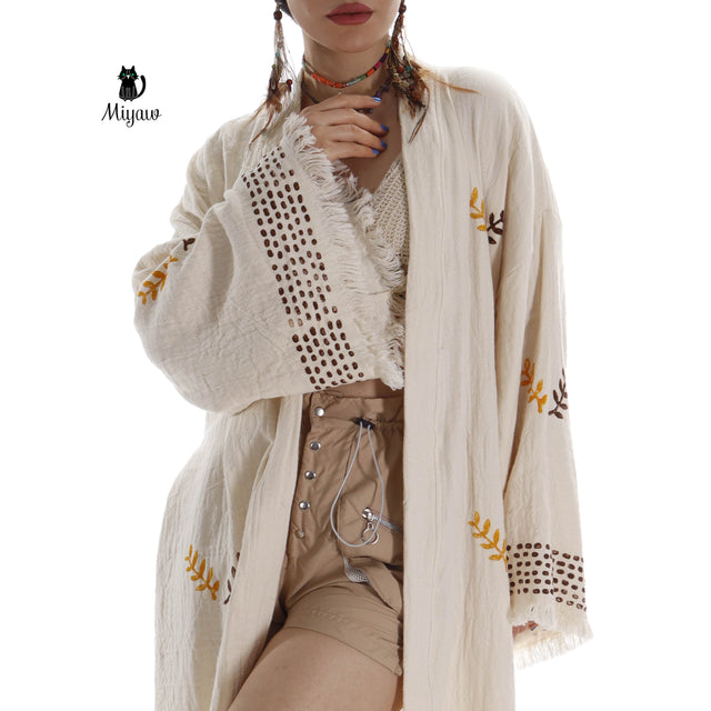 Coffee and Mustard Boho Kimono Robe with Leaf Print - Miyawfashion