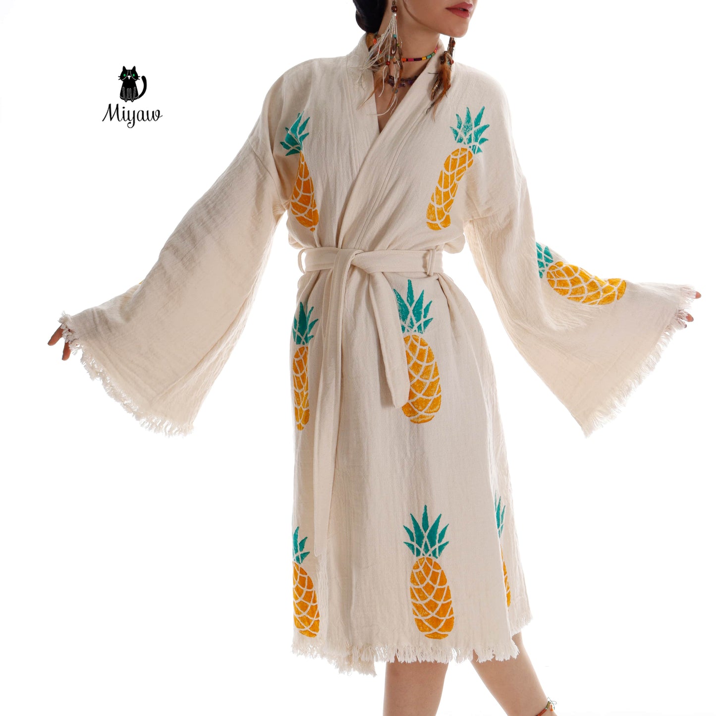 Organic Cotton Boho Pineapple Handcrafted Kimono Bathrobe - Miyawfashion Miyawfashion