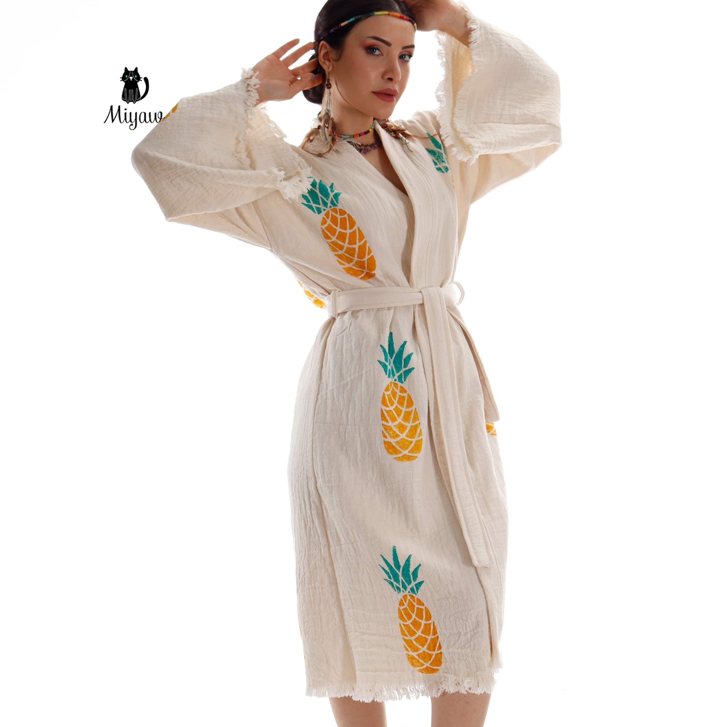 Organic Cotton Boho Pineapple Handcrafted Kimono Bathrobe - Miyawfashion Miyawfashion