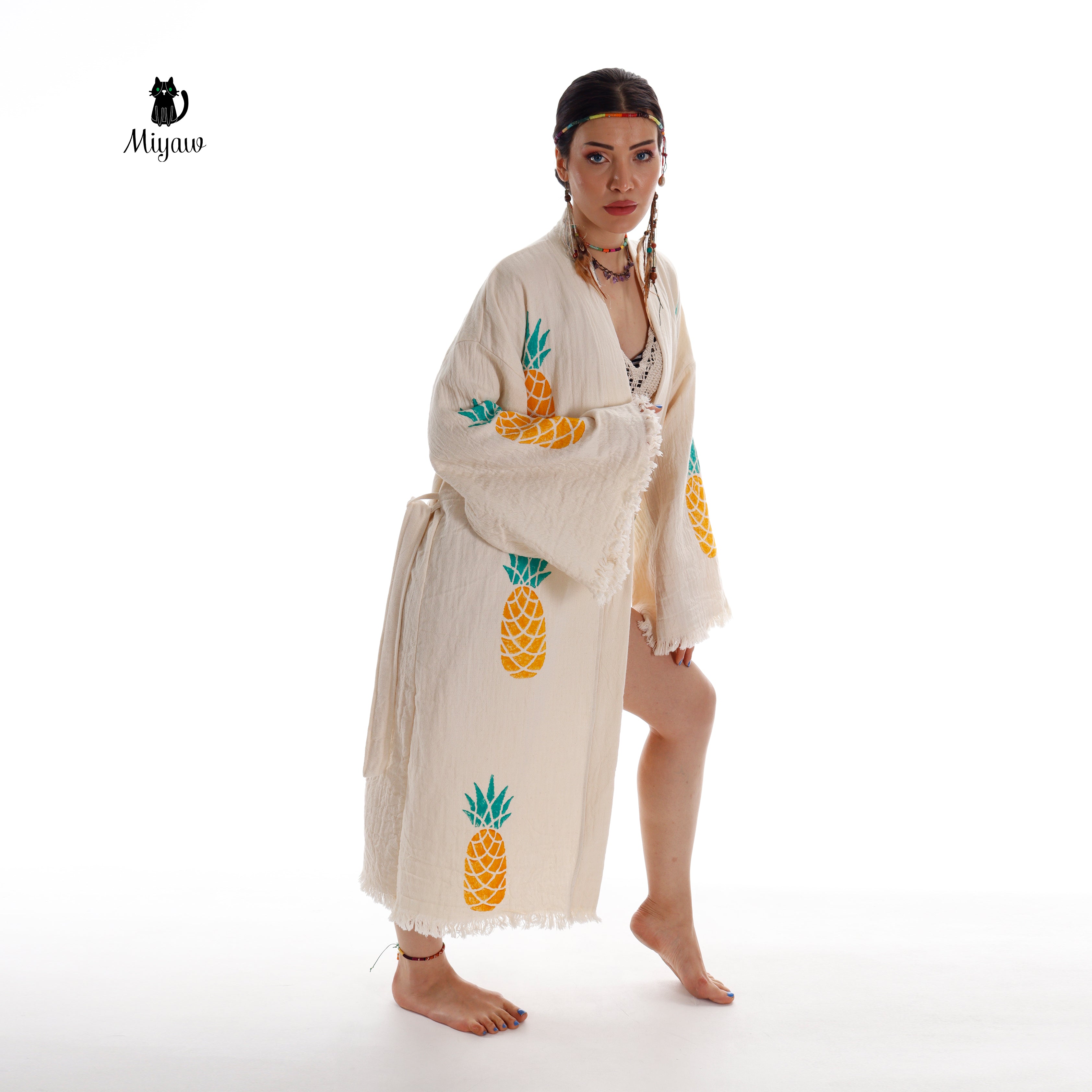 Wholesale Boho Pineapple Kimono Robe – Handcrafted for Spas