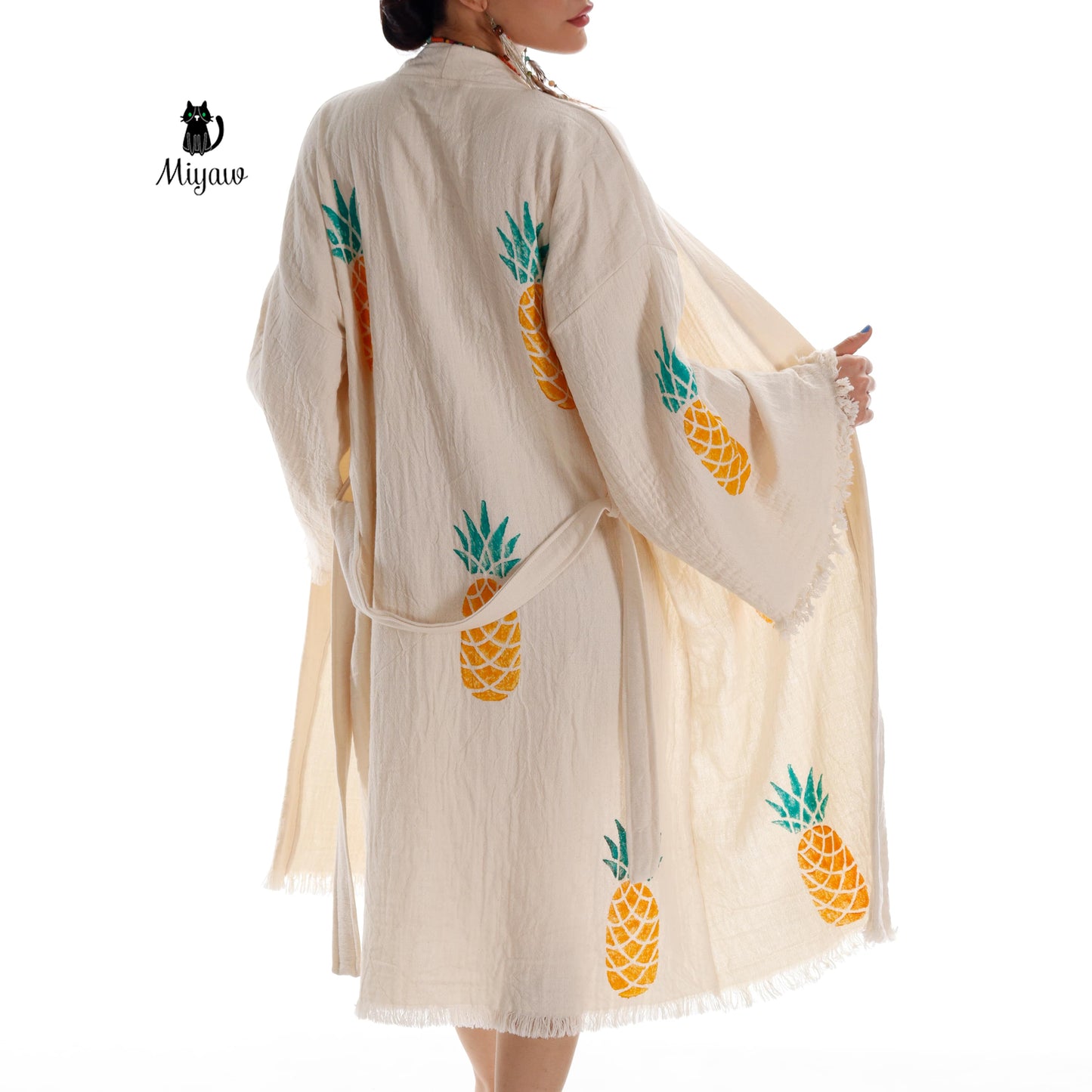 Organic Cotton Boho Pineapple Handcrafted Kimono Bathrobe - Miyawfashion Miyawfashion