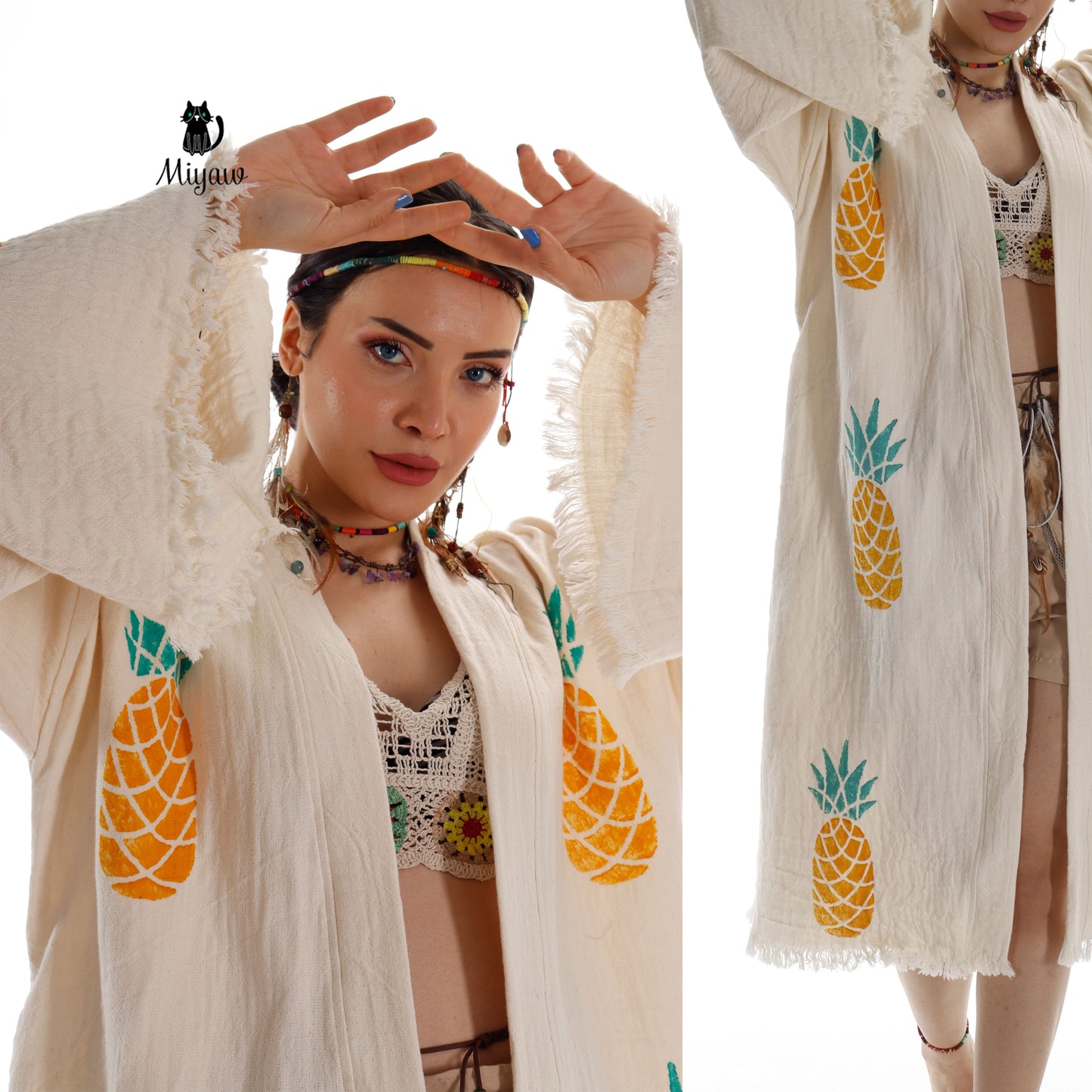 Organic Cotton Boho Pineapple Handcrafted Kimono Bathrobe - Miyawfashion Miyawfashion