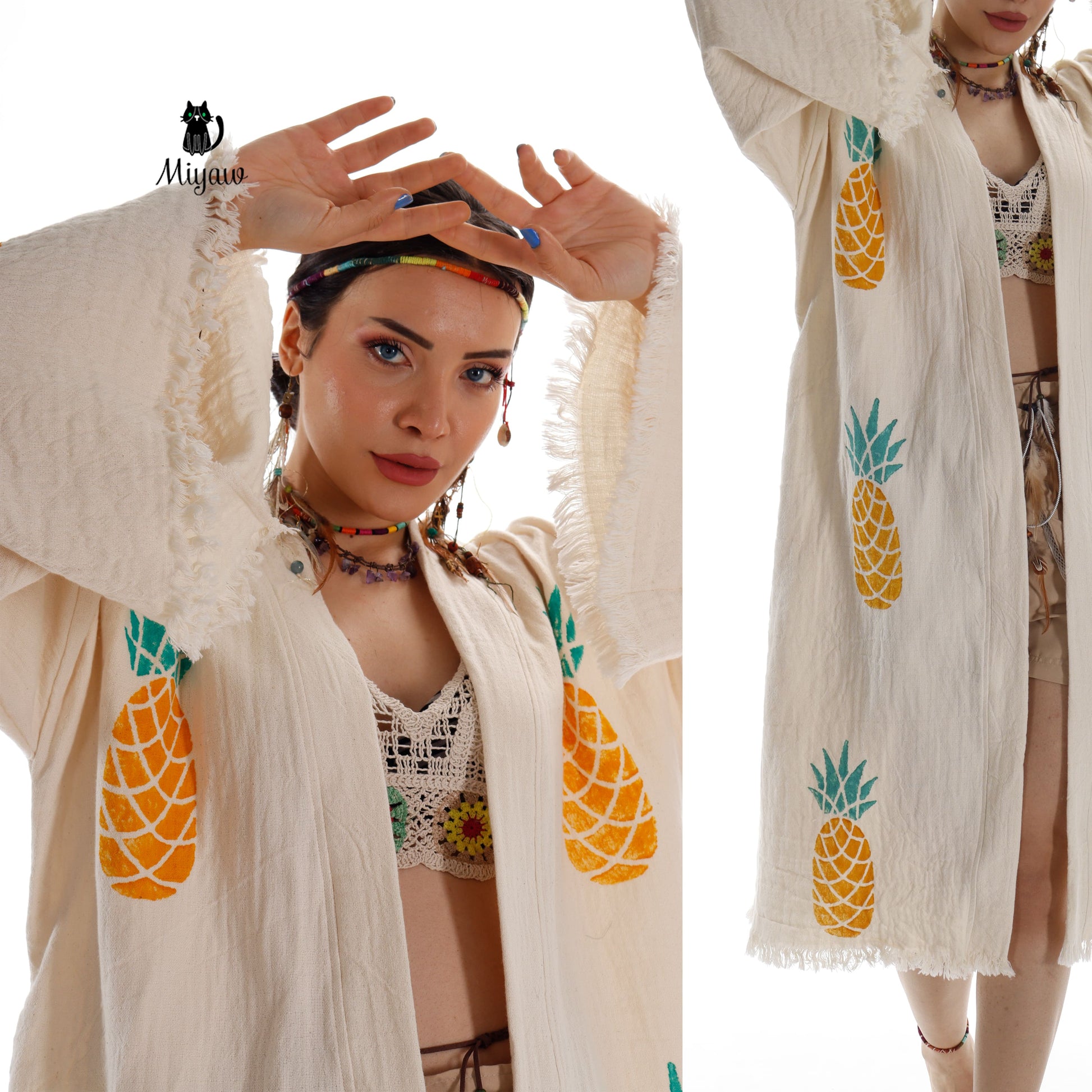 Organic Cotton Boho Pineapple Handcrafted Kimono Bathrobe - Miyawfashion