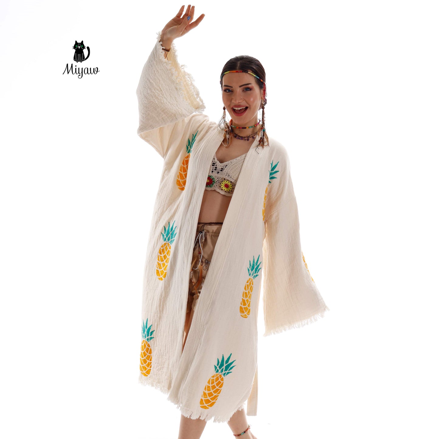 Organic Cotton Boho Pineapple Handcrafted Kimono Bathrobe - Miyawfashion Miyawfashion