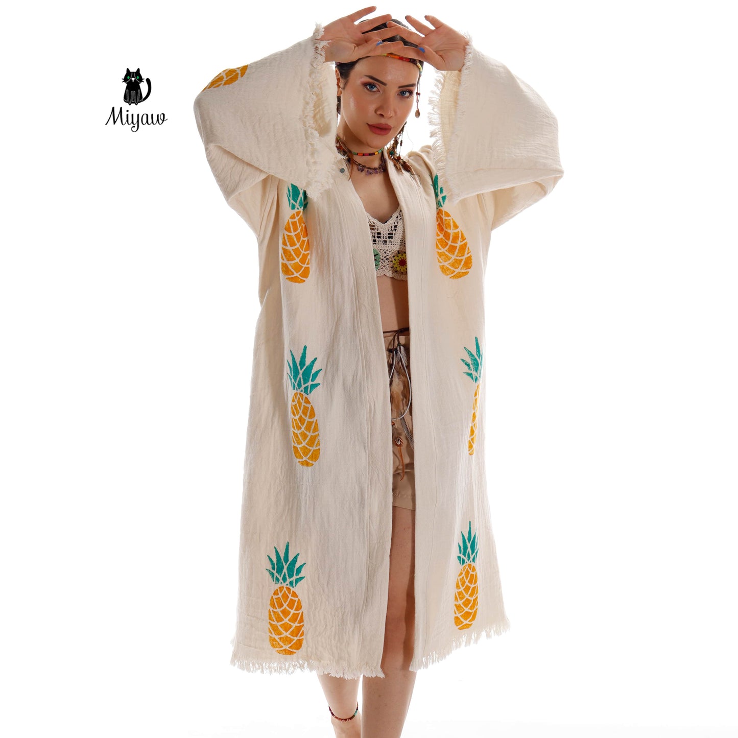 Organic Cotton Boho Pineapple Handcrafted Kimono Bathrobe - Miyawfashion Miyawfashion