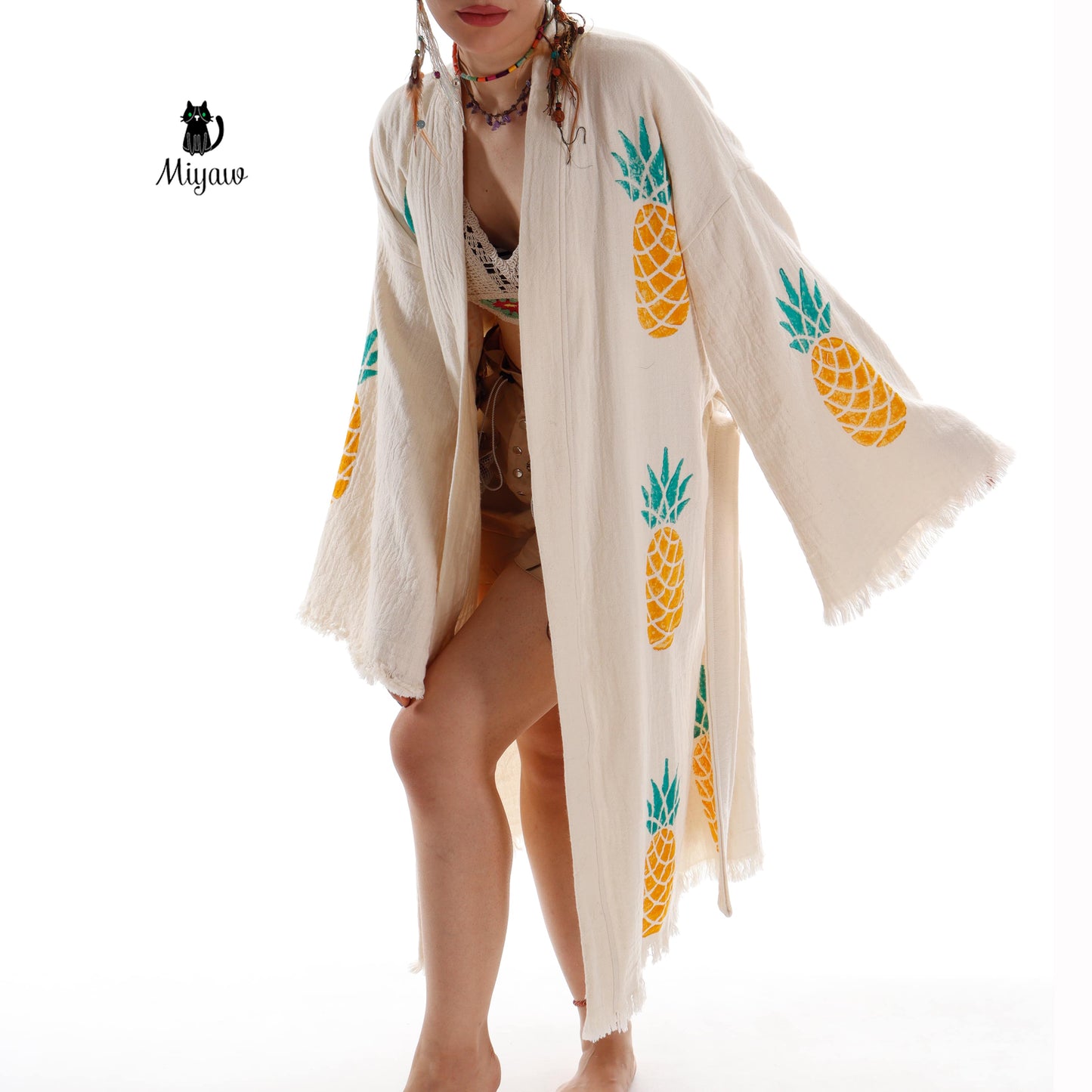 Organic Cotton Boho Pineapple Handcrafted Kimono Bathrobe - Miyawfashion Miyawfashion