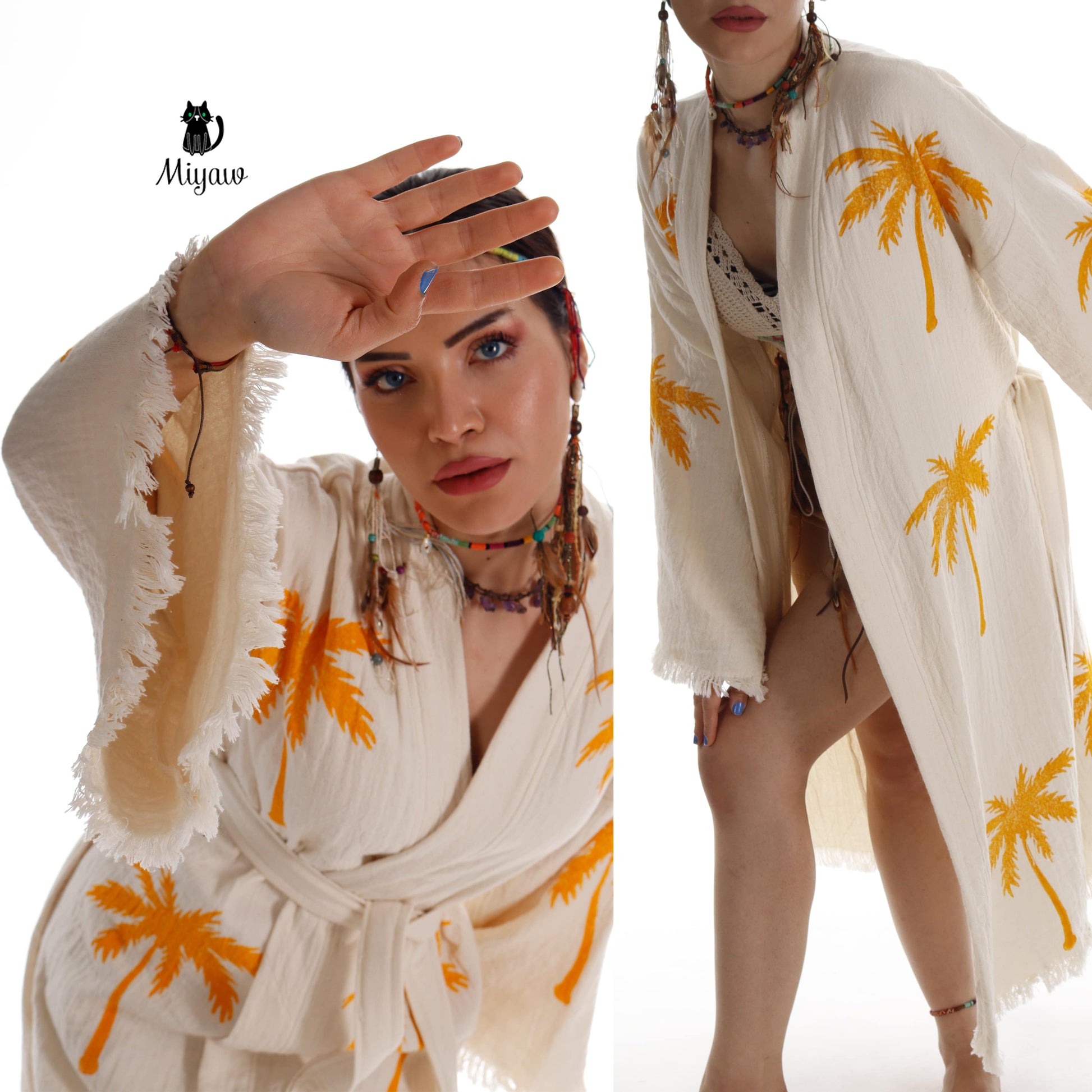 Boho Palm Tree Stamped Organic Cotton Kimono Robe - Handcrafted Beach Coverup - Miyawfashion