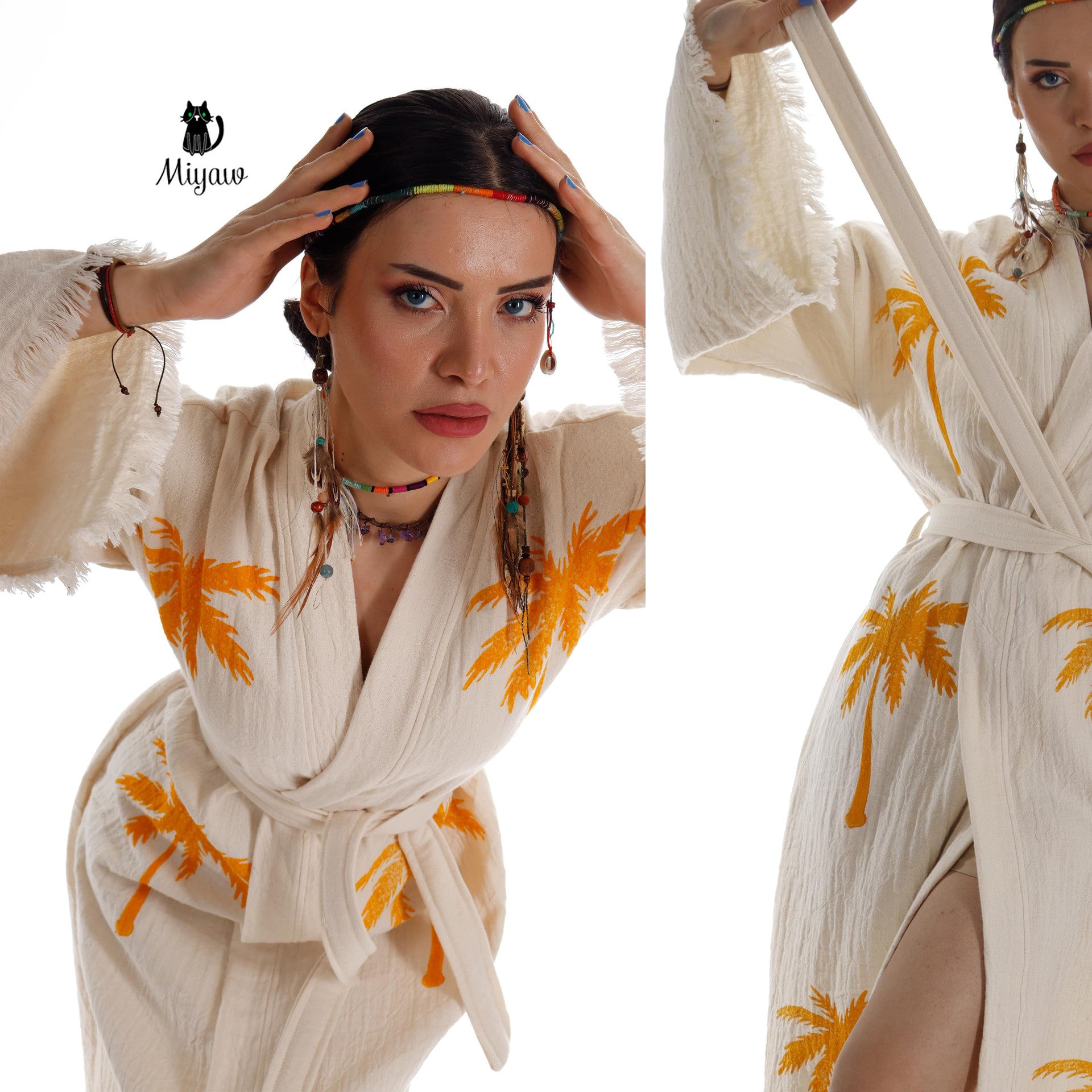 Boho Palm Tree Stamped Organic Cotton Kimono Robe - Handcrafted Beach Coverup - Miyawfashion