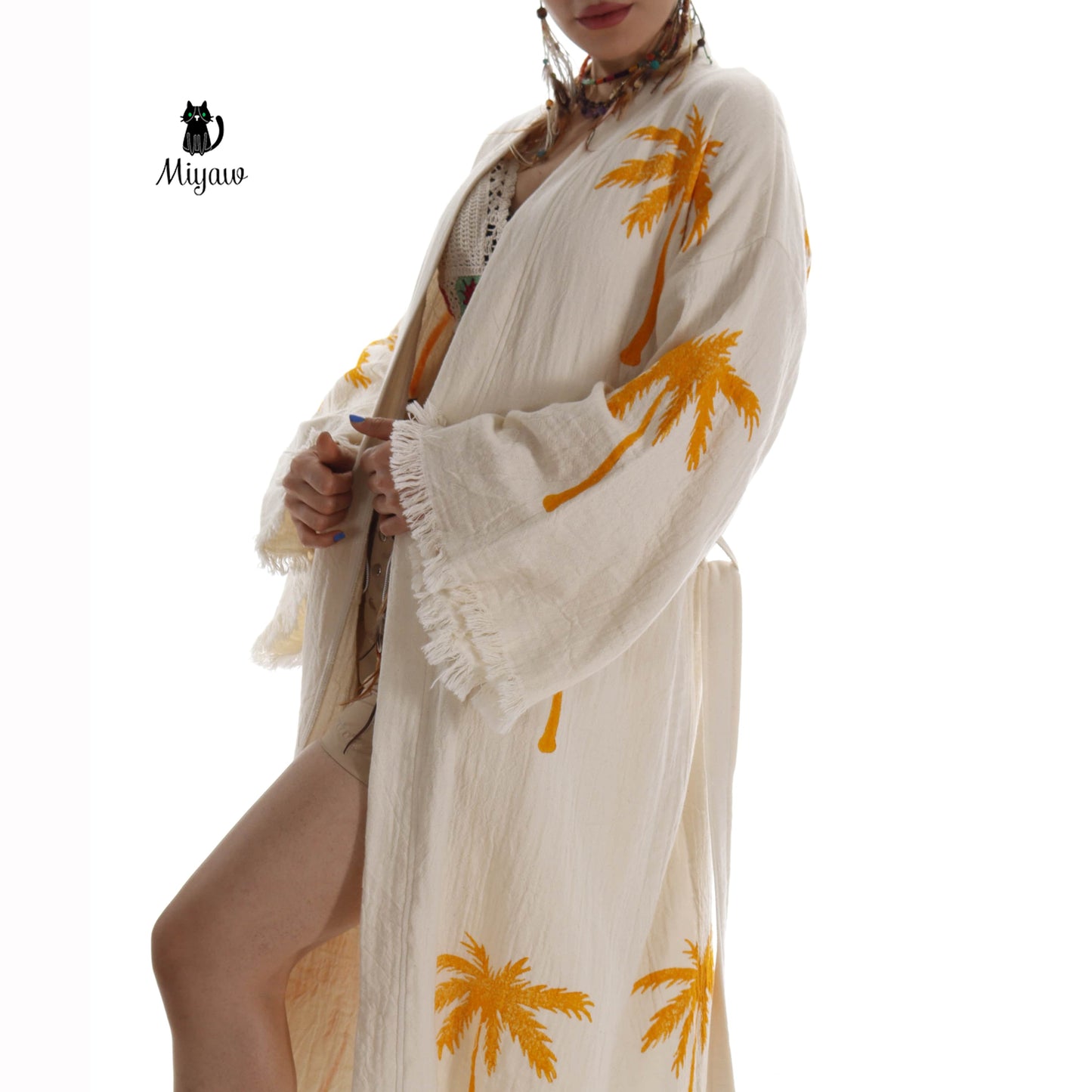 Boho Palm Tree Stamped Organic Cotton Kimono Robe - Handcrafted Beach Coverup - Miyawfashion Miyawfashion