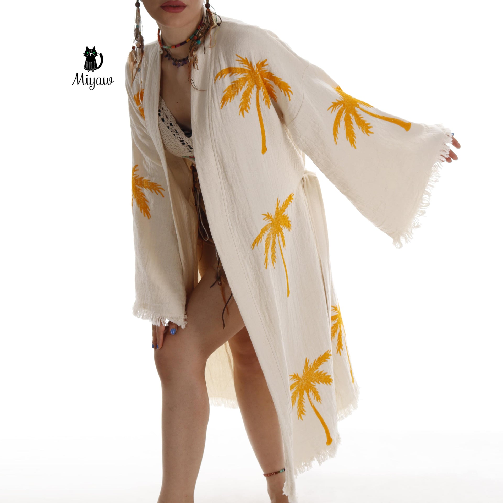 Boho Palm Tree Stamped Organic Cotton Kimono Robe - Handcrafted Beach Coverup - Miyawfashion