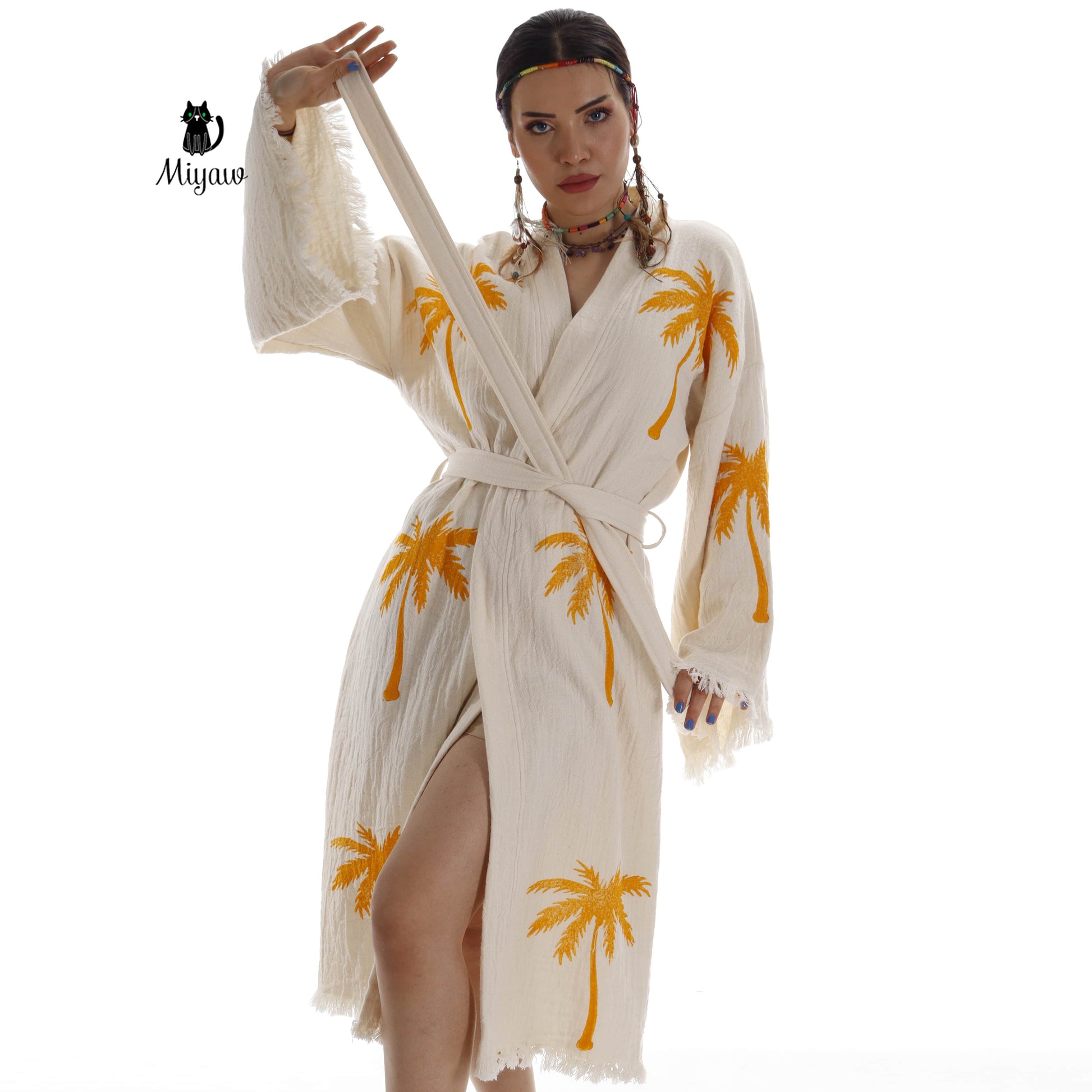 Boho Palm Tree Stamped Organic Cotton Kimono Robe - Handcrafted Beach Coverup - Miyawfashion