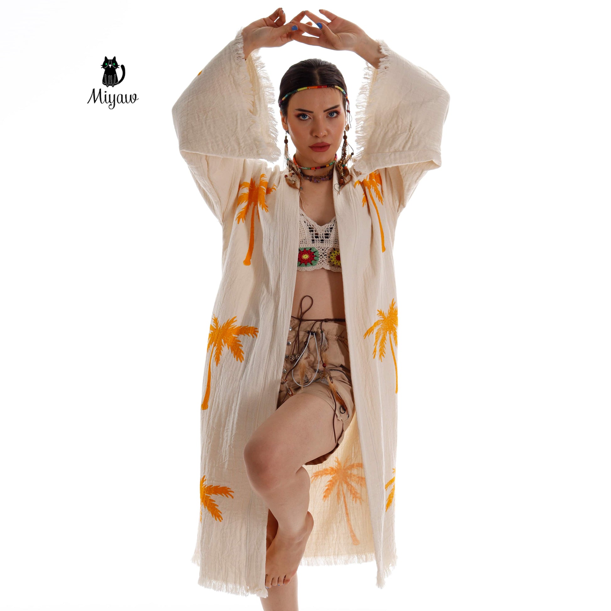 Boho Palm Tree Stamped Organic Cotton Kimono Robe - Handcrafted Beach Coverup - Miyawfashion