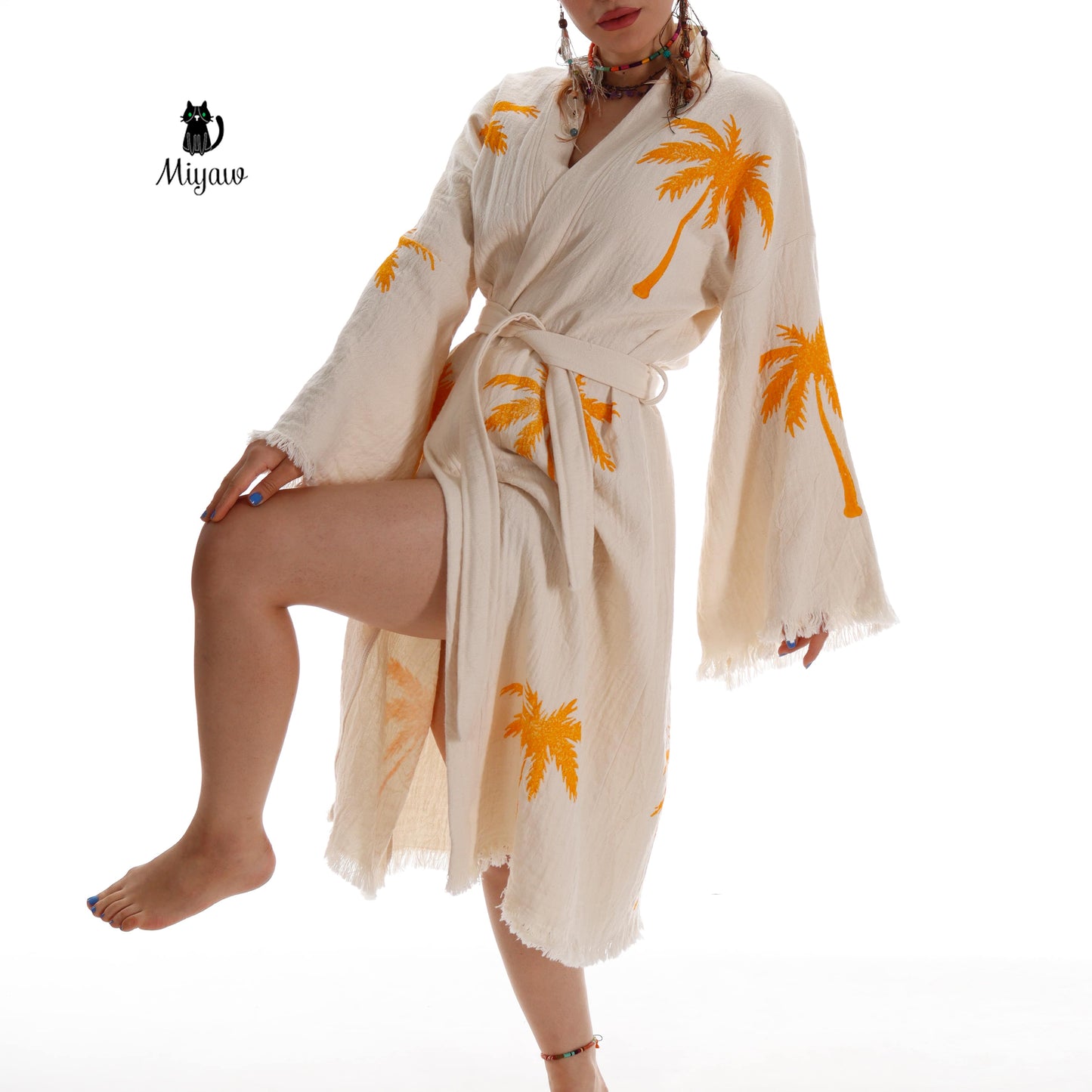 Boho Palm Tree Stamped Organic Cotton Kimono Robe - Handcrafted Beach Coverup - Miyawfashion Miyawfashion