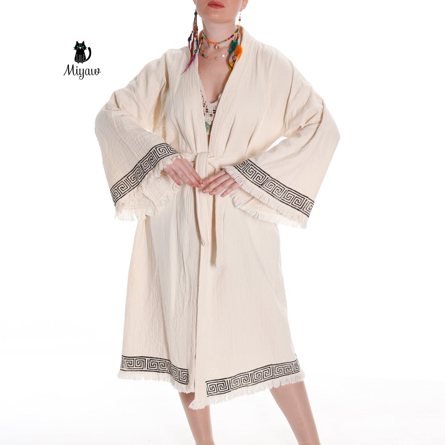 Boho Style Greek Stamped Beach Kimono - Handcrafted Bohemian Bathrobe - Miyawfashion Miyawfashion