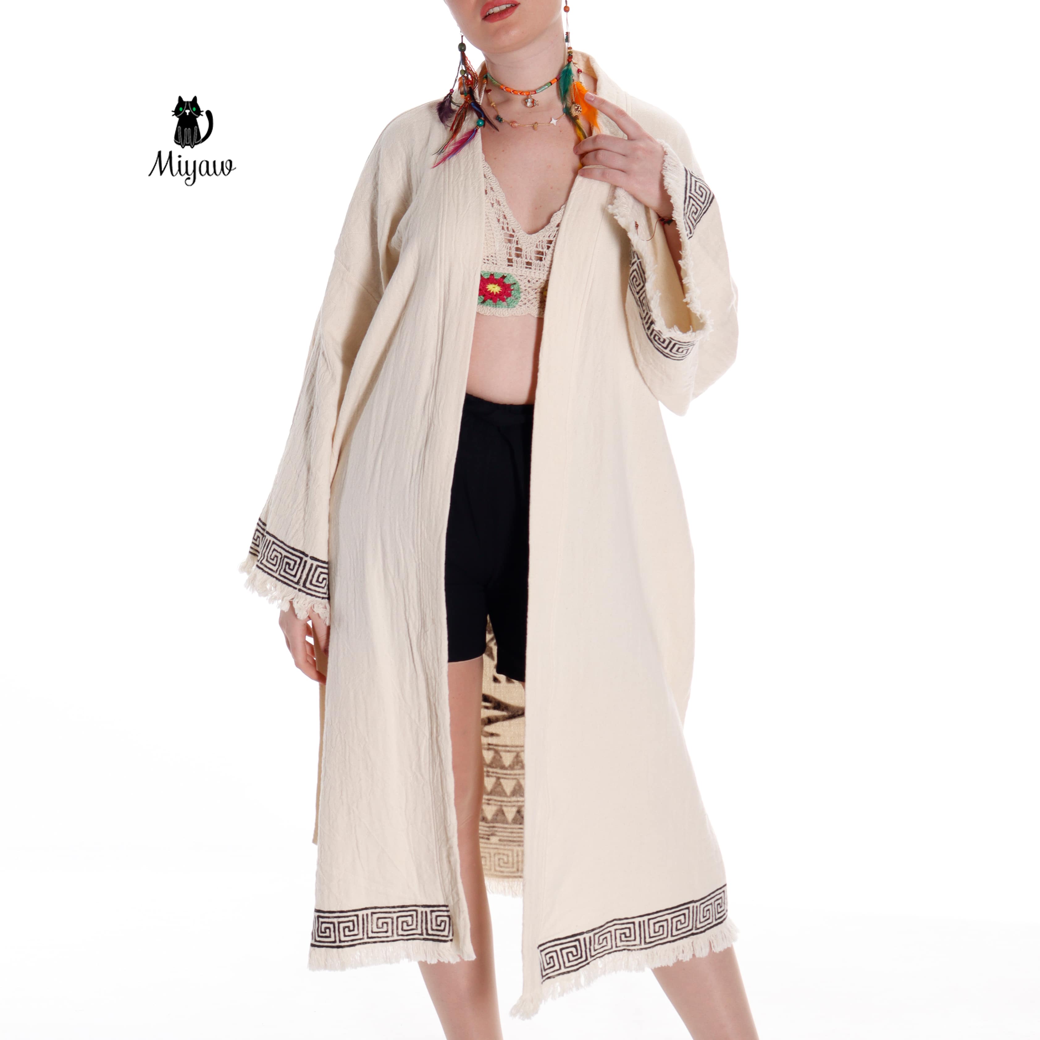 Boho Style Greek Stamped Beach Kimono - Handcrafted Bohemian Bathrobe - Miyawfashion