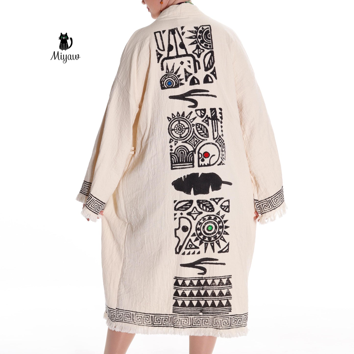 Boho Style Greek Stamped Beach Kimono - Handcrafted Bohemian Bathrobe - Miyawfashion Miyawfashion