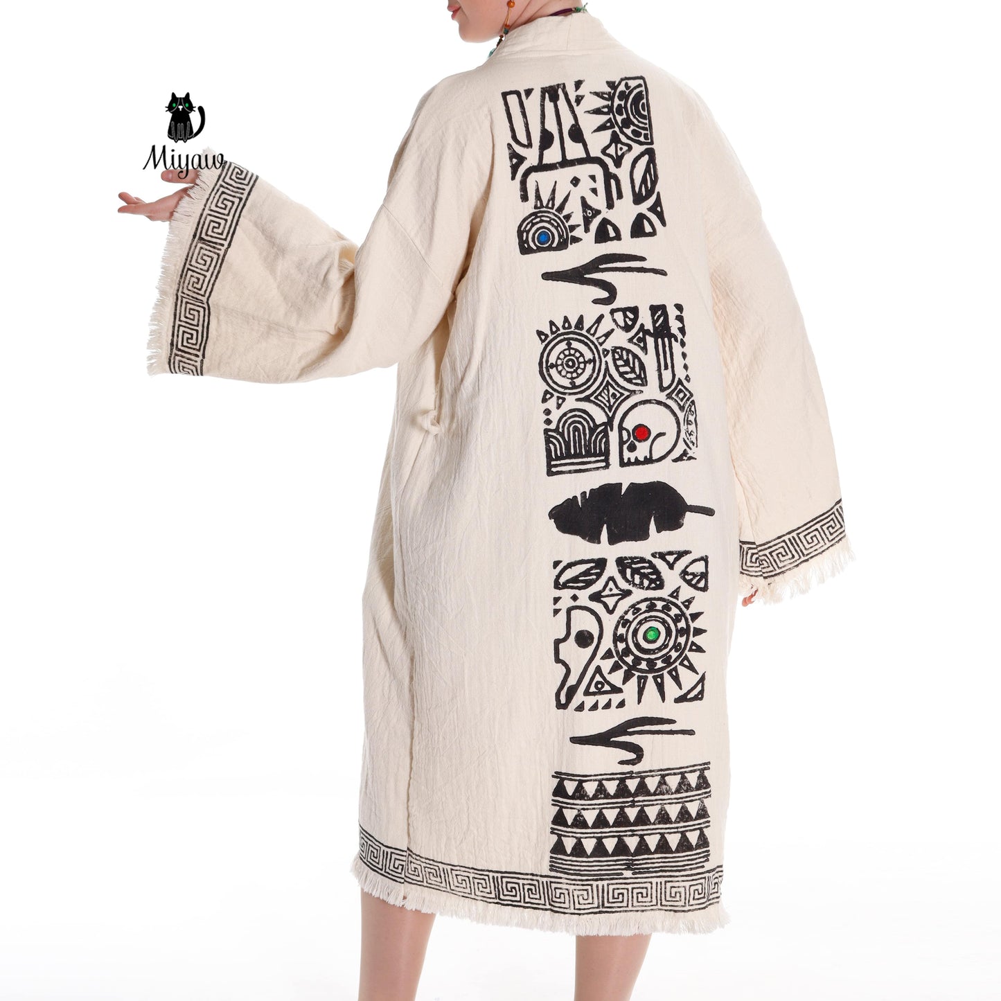 Boho Style Greek Stamped Beach Kimono - Handcrafted Bohemian Bathrobe - Miyawfashion Miyawfashion