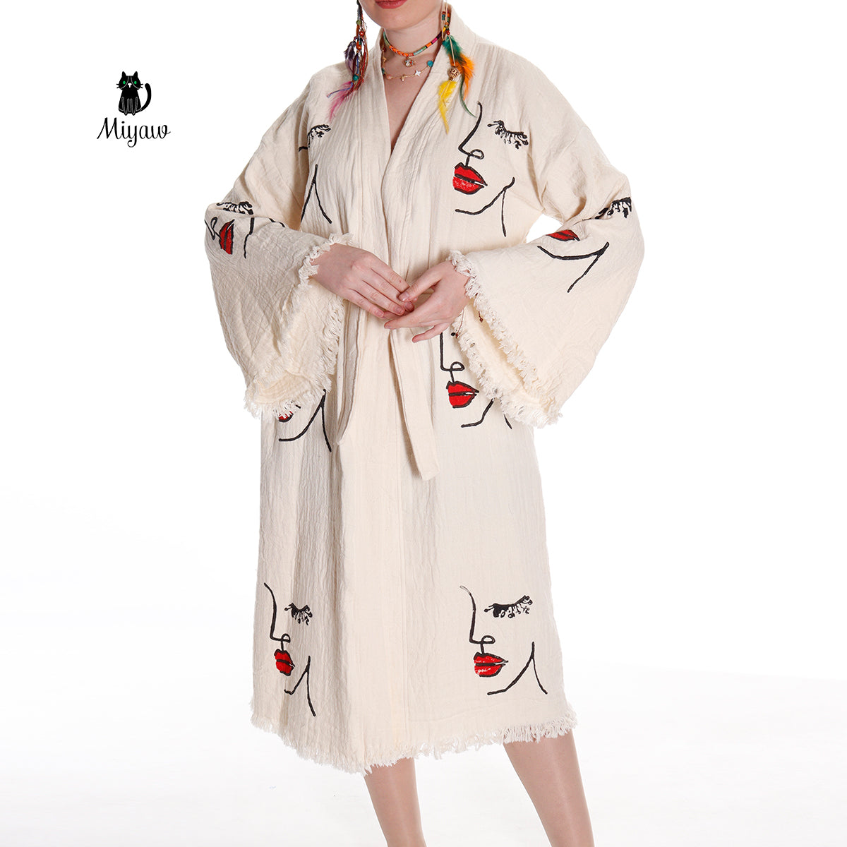 Organic Cotton Beach Kimono Robe with Handcrafted Woman's Face Stamp - Miyawfashion Miyawfashion