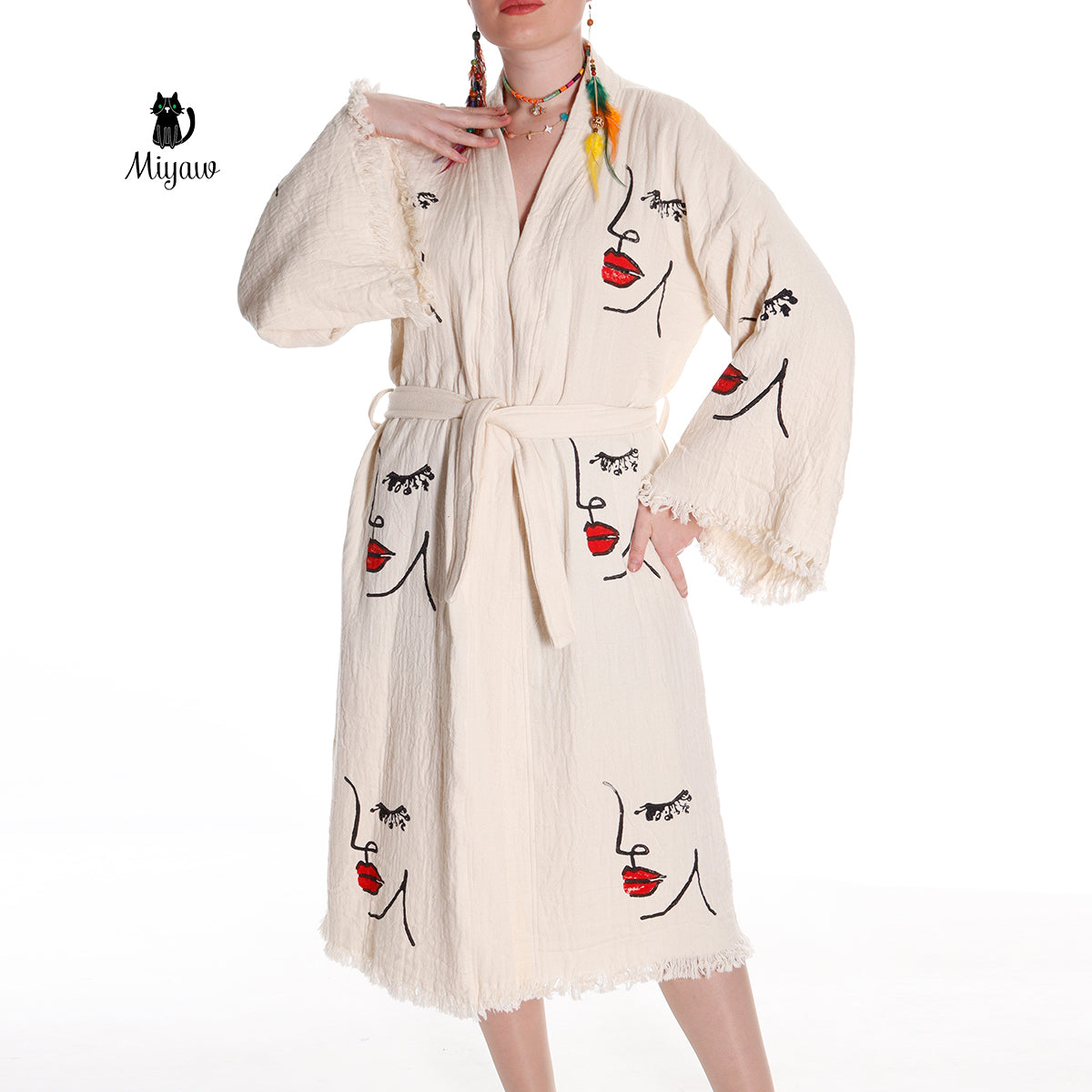 Organic Cotton Beach Kimono Robe with Handcrafted Woman's Face Stamp - Miyawfashion