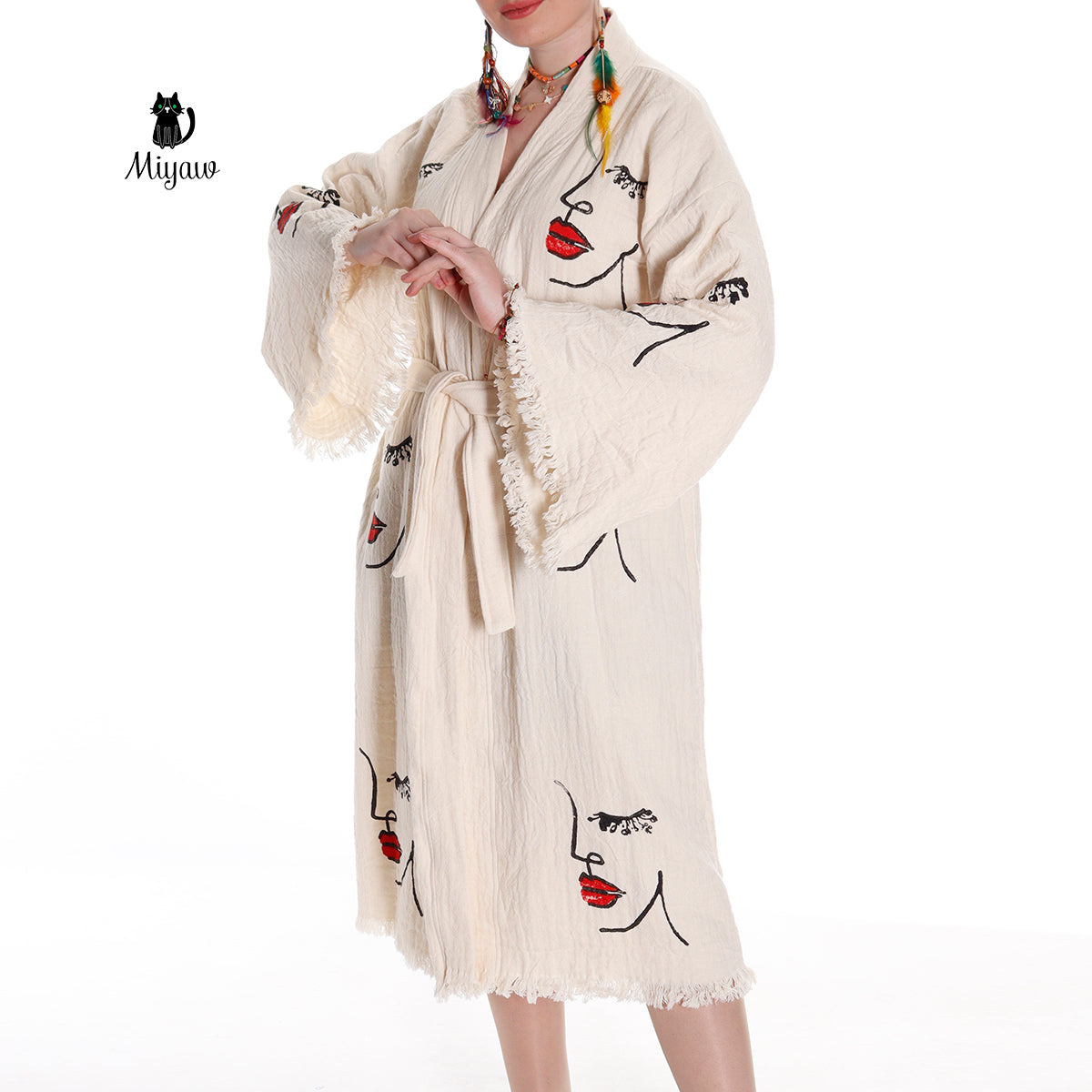 Organic Cotton Beach Kimono Robe with Handcrafted Woman's Face Stamp - Miyawfashion Miyawfashion