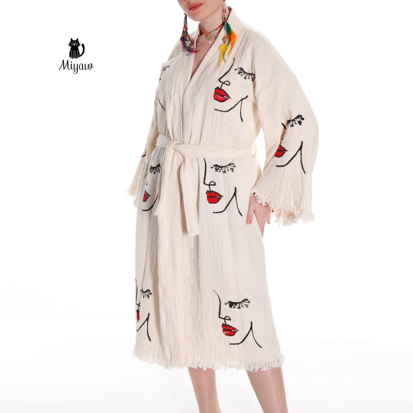 Organic Cotton Beach Kimono Robe with Handcrafted Woman's Face Stamp - Miyawfashion Miyawfashion