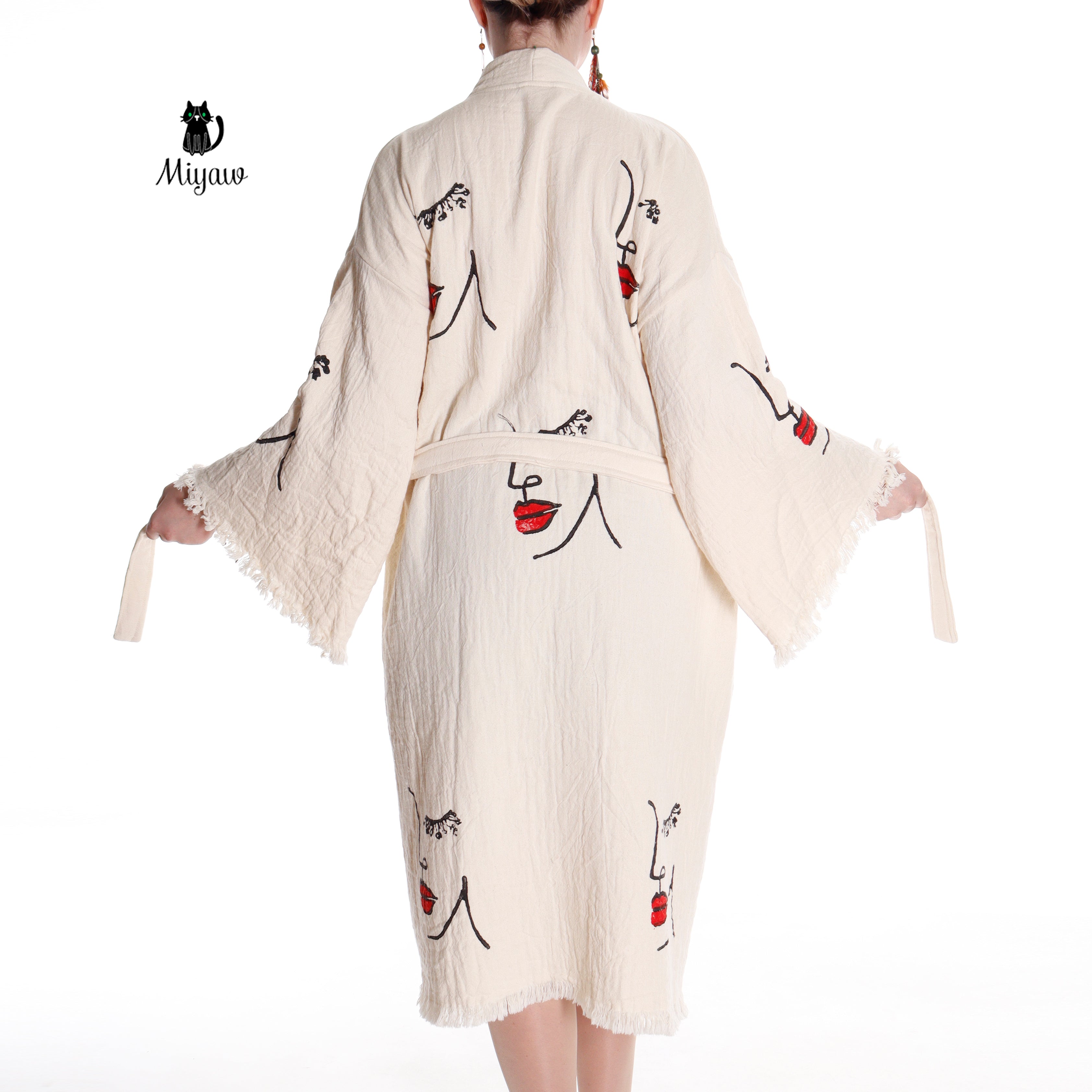Organic Cotton Beach Kimono Robe with Handcrafted Woman's Face Stamp - Miyawfashion