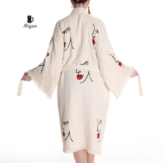 Organic Cotton Beach Kimono Robe with Handcrafted Woman's Face Stamp - Miyawfashion