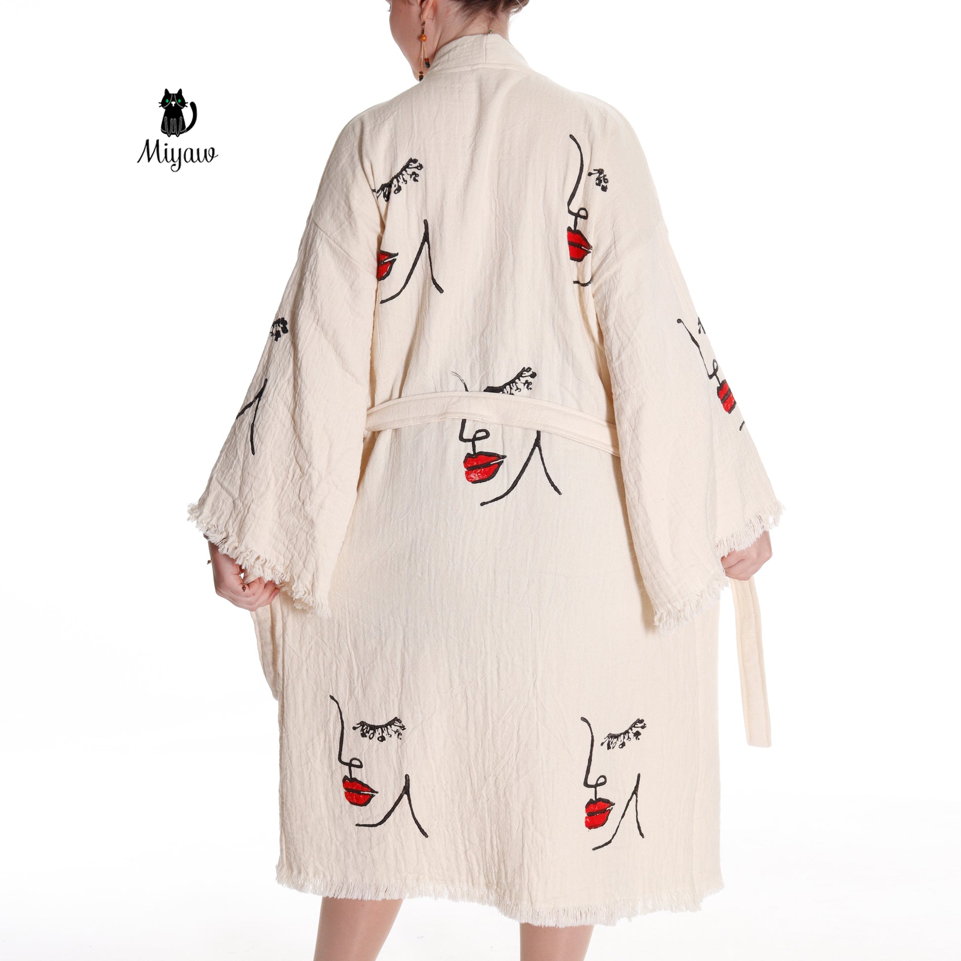 Organic Cotton Beach Kimono Robe with Handcrafted Woman's Face Stamp - Miyawfashion