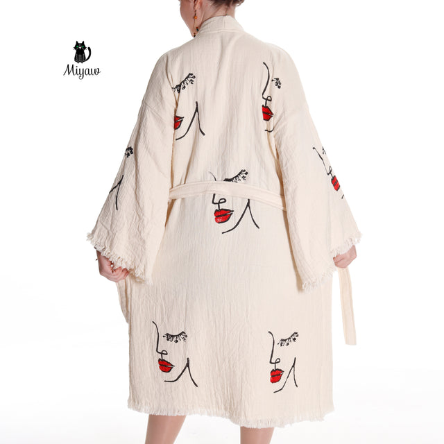 Organic Cotton Beach Kimono Robe with Handcrafted Woman's Face Stamp - Miyawfashion