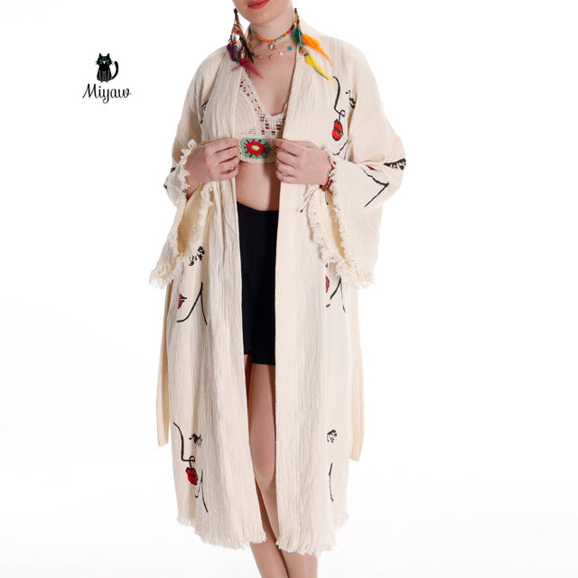 Organic Cotton Beach Kimono Robe with Handcrafted Woman's Face Stamp - Miyawfashion