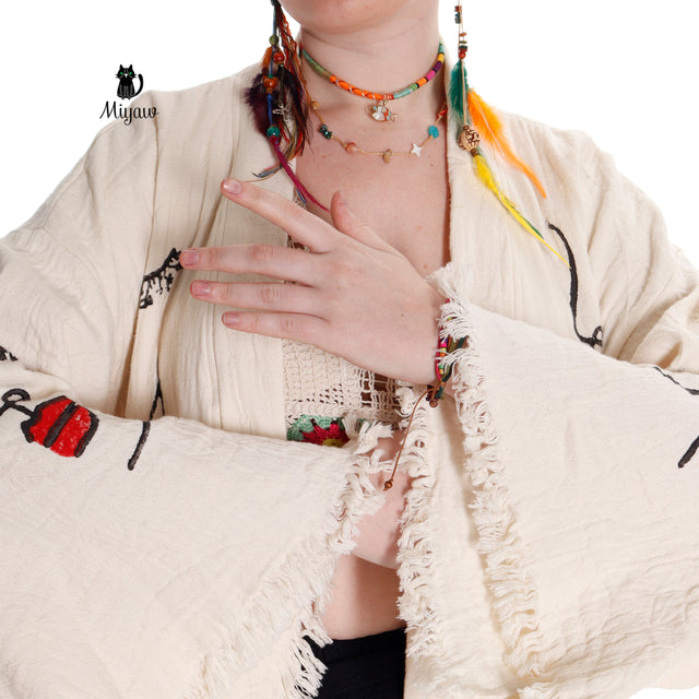 Organic Cotton Beach Kimono Robe with Handcrafted Woman's Face Stamp - Miyawfashion