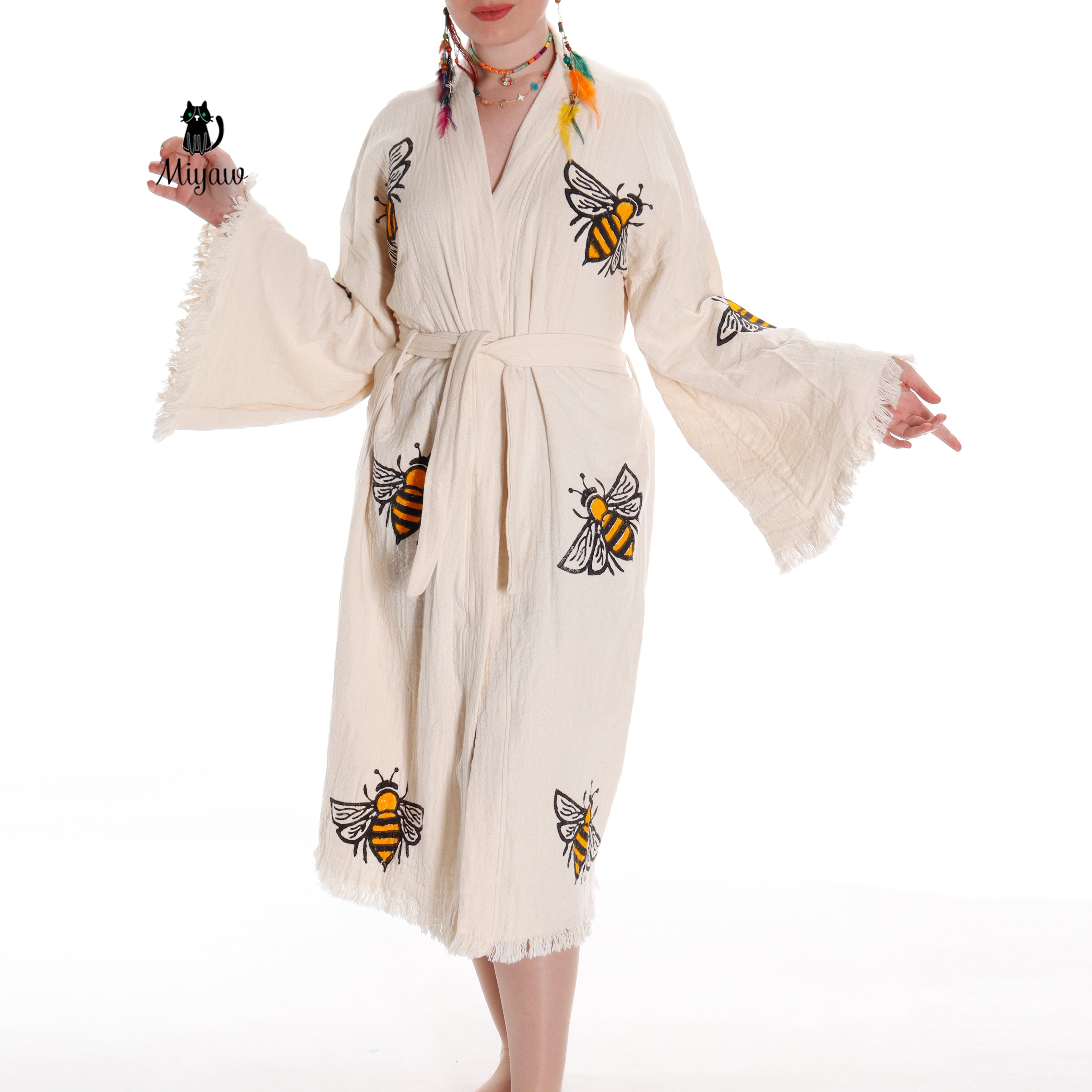 Handcrafted Boho Bee Printed Cover Up in Eco-Friendly Cotton - Miyawfashion