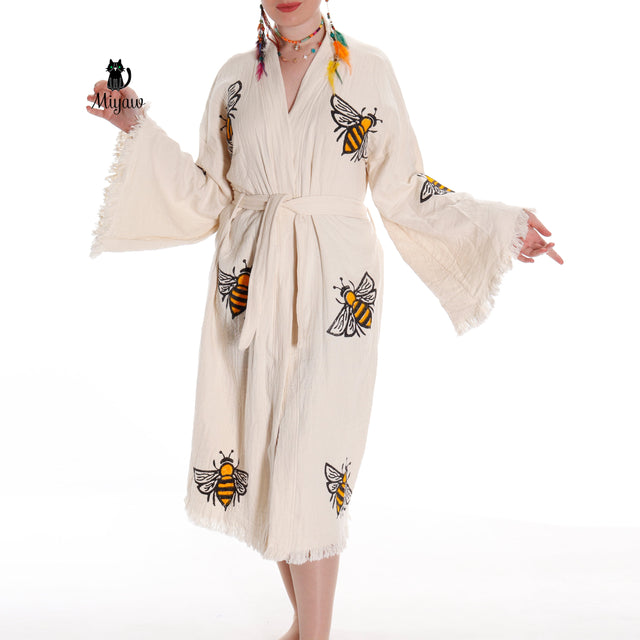 Handcrafted Boho Bee Printed Cover Up in Eco-Friendly Cotton - Miyawfashion