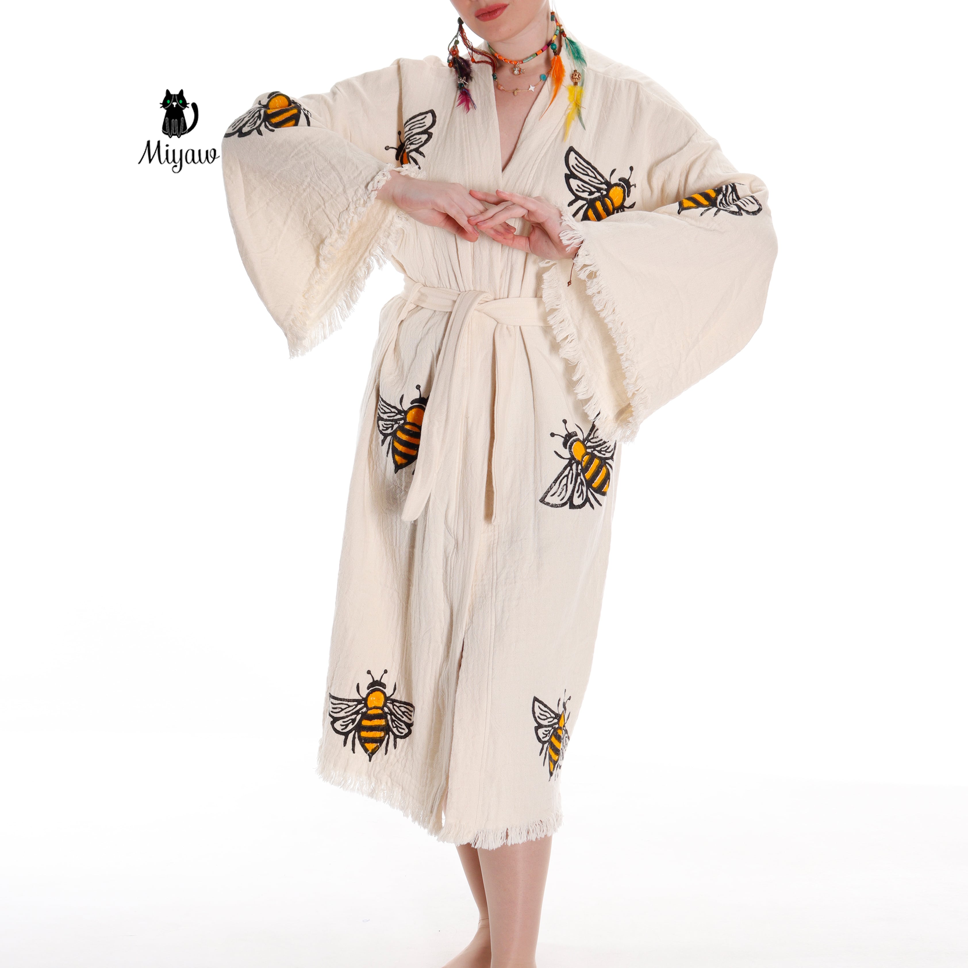 Handcrafted Boho Bee Printed Cover Up in Eco-Friendly Cotton - Miyawfashion