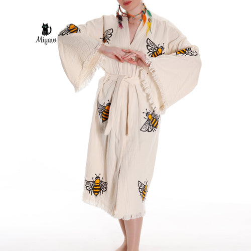 Handcrafted Boho Bee Printed Cover Up in Eco-Friendly Cotton - Miyawfashion