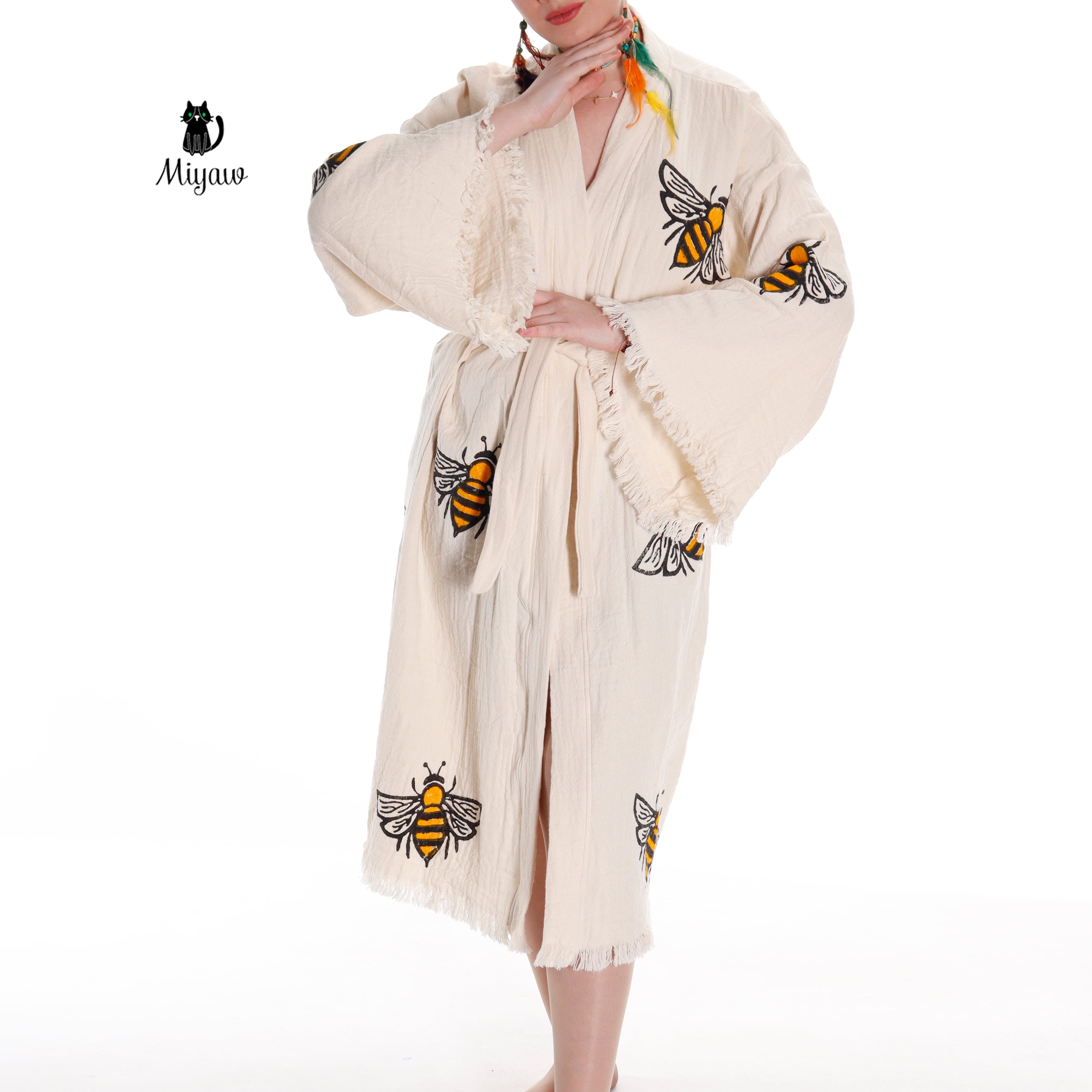 Handcrafted Boho Bee Printed Cover Up in Eco-Friendly Cotton - Miyawfashion