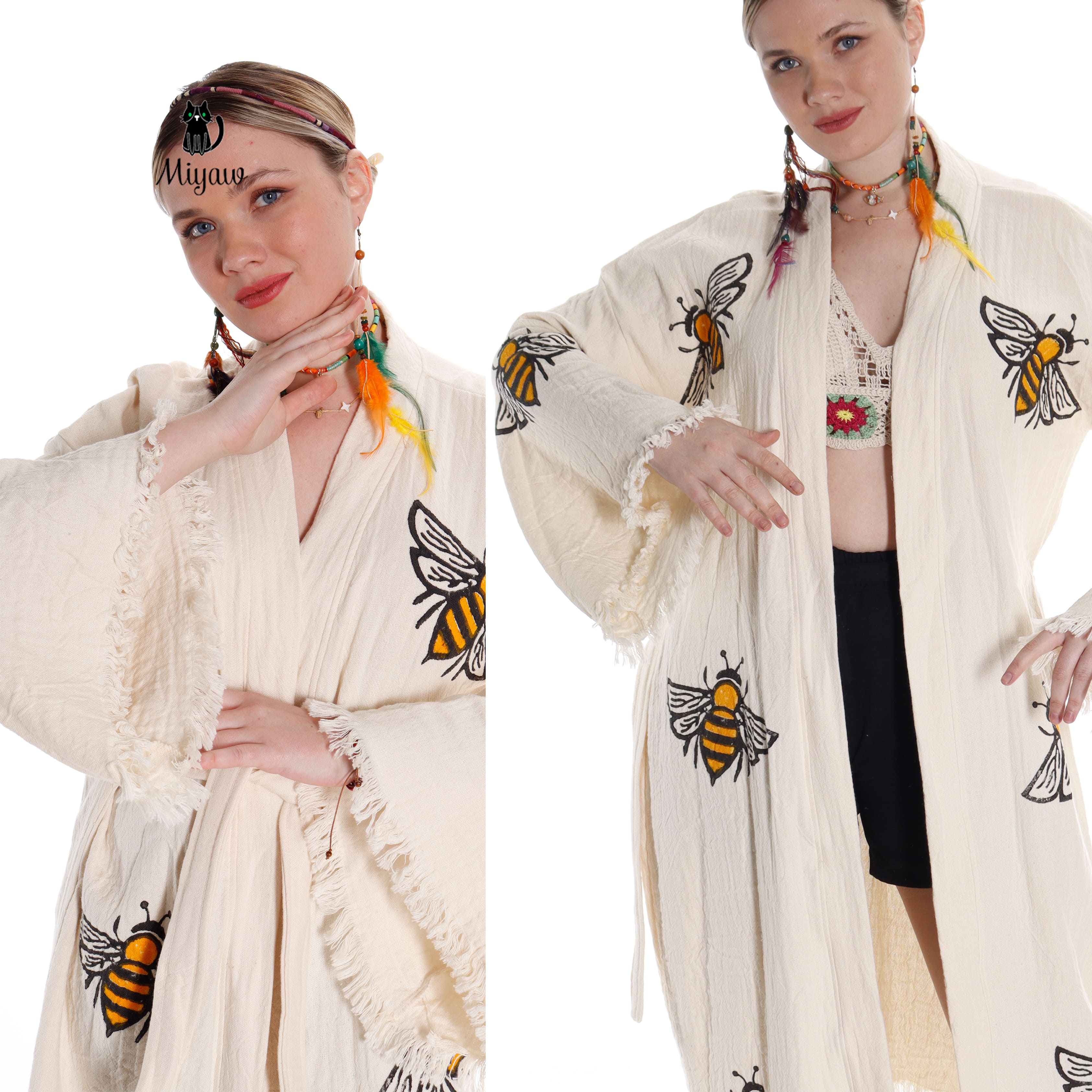 Handcrafted Boho Bee Printed Cover Up in Eco-Friendly Cotton - Miyawfashion