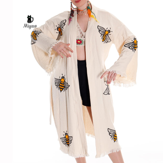Handcrafted Boho Bee Printed Cover Up in Eco-Friendly Cotton - Miyawfashion