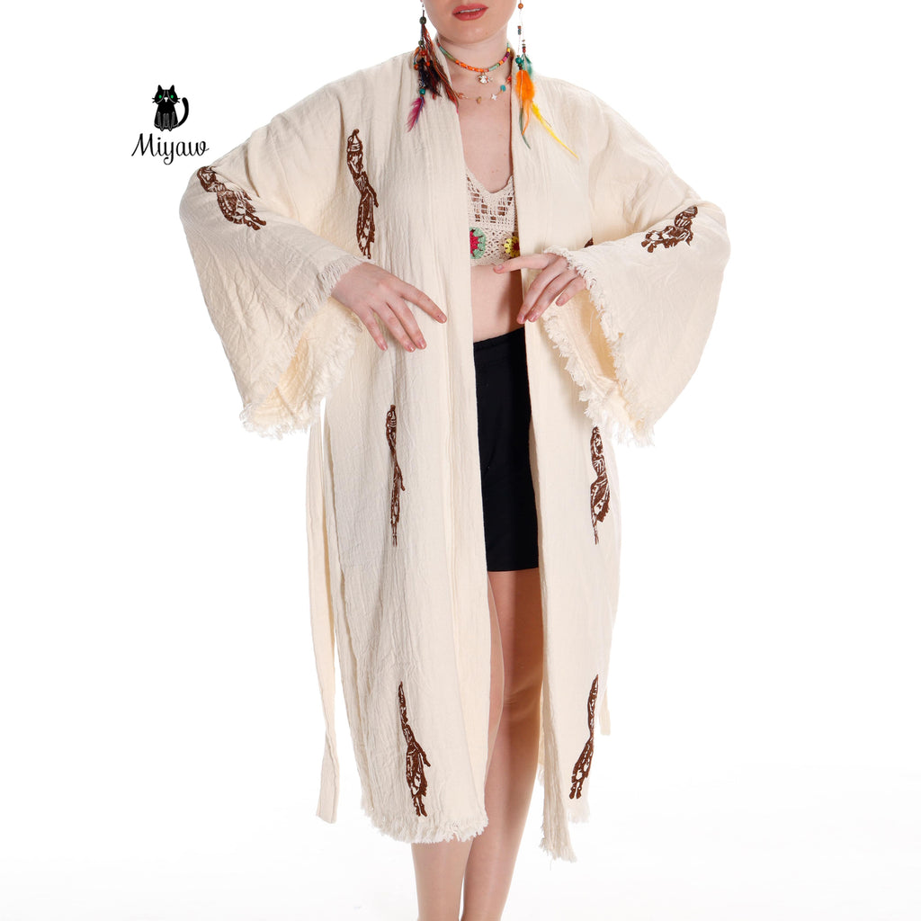 Handcrafted Cotton Kimono Robe with Arab Girl Carrying Water Design - Miyawfashion