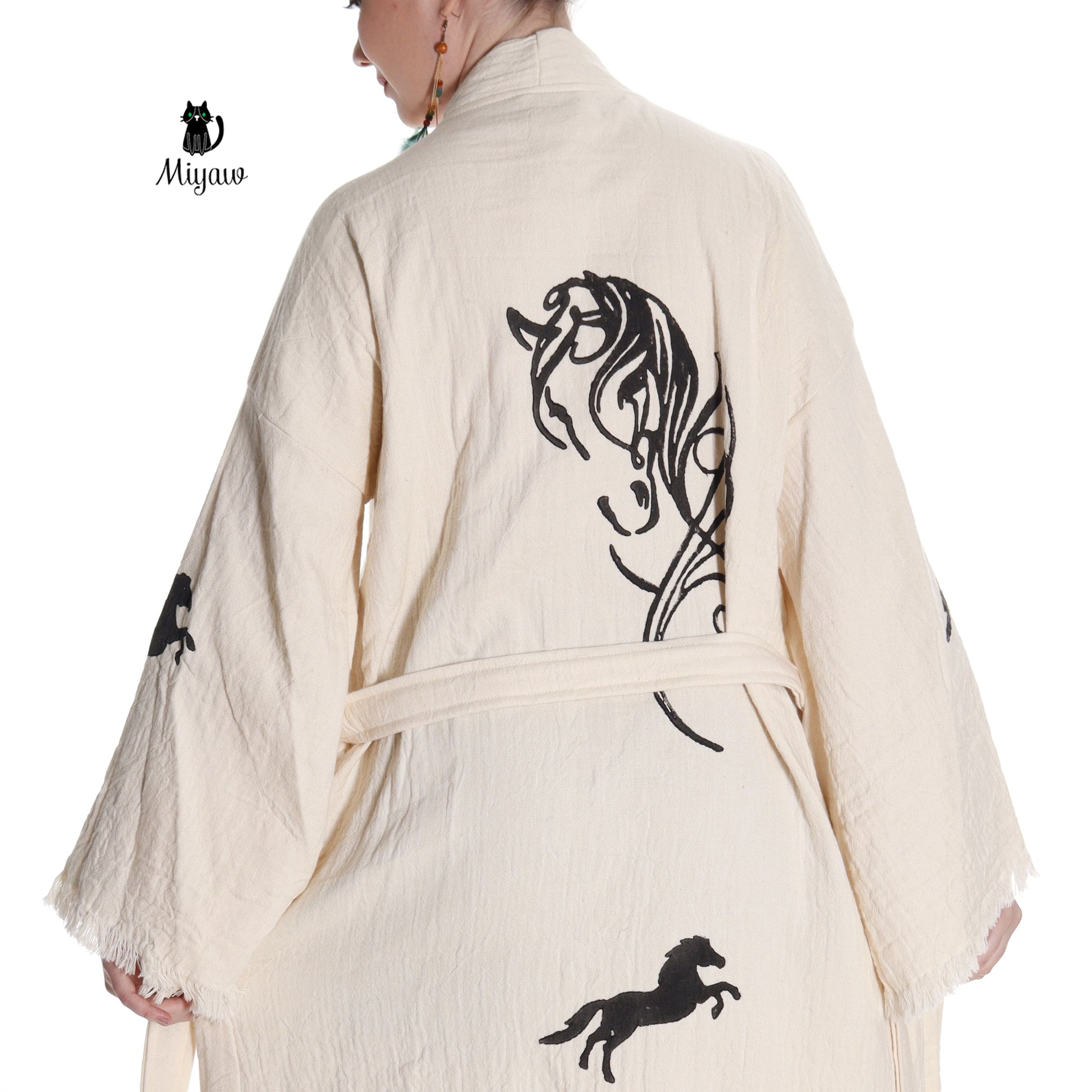 Organic Cotton Boho Beach Kimono Robe | Black Horse Stamp Design - Miyawfashion